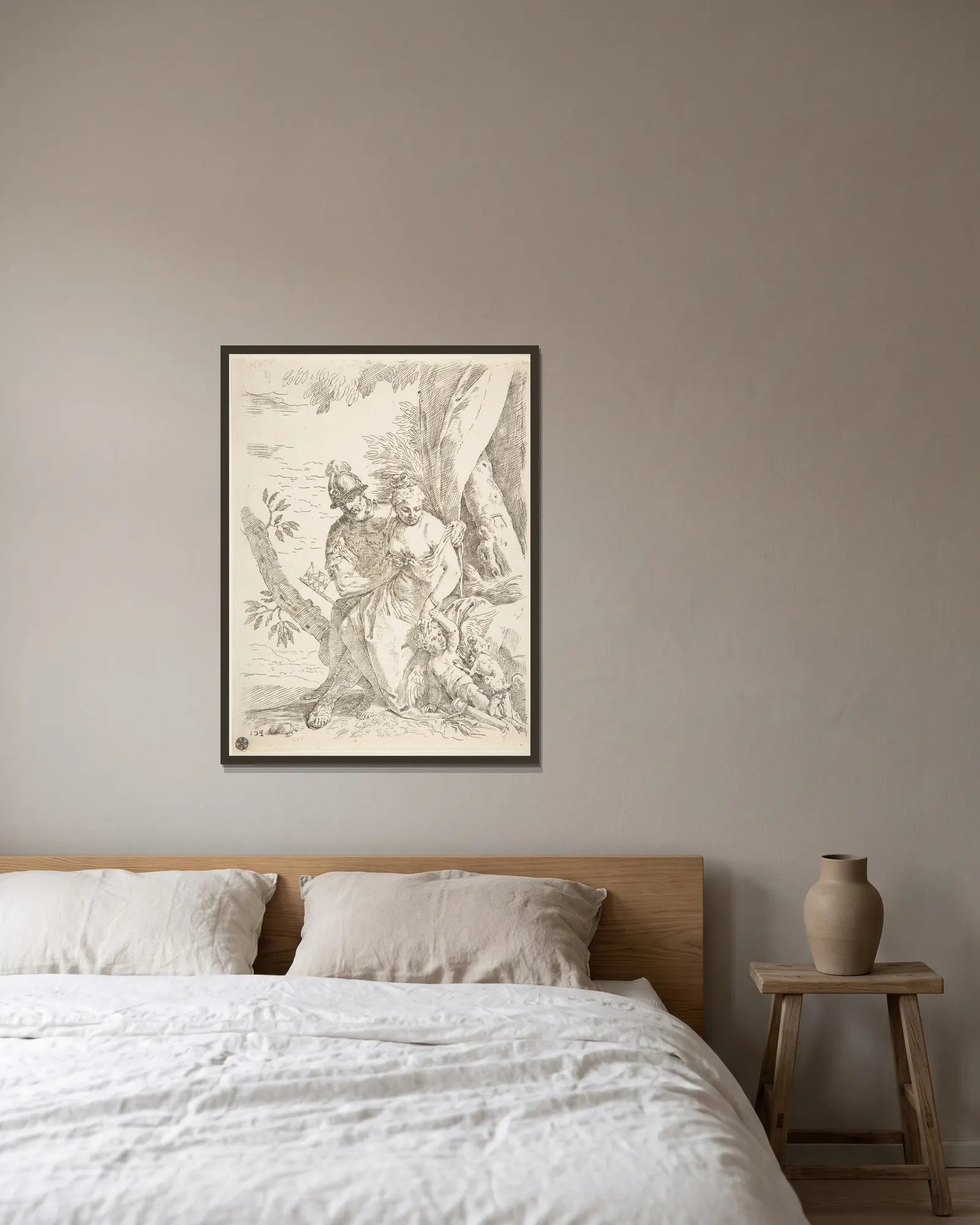 Mars, Venus and Cupid av Simone Cantarini inramad på en vägg