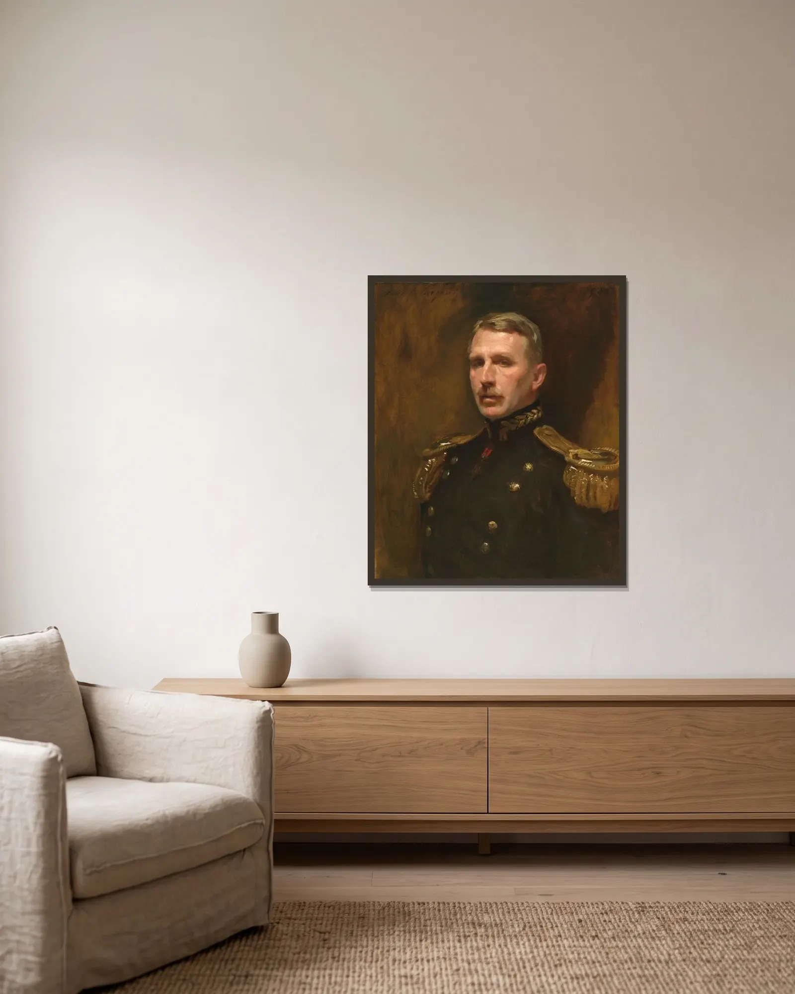 Leonard Wood av John Singer Sargent inramad på en vägg