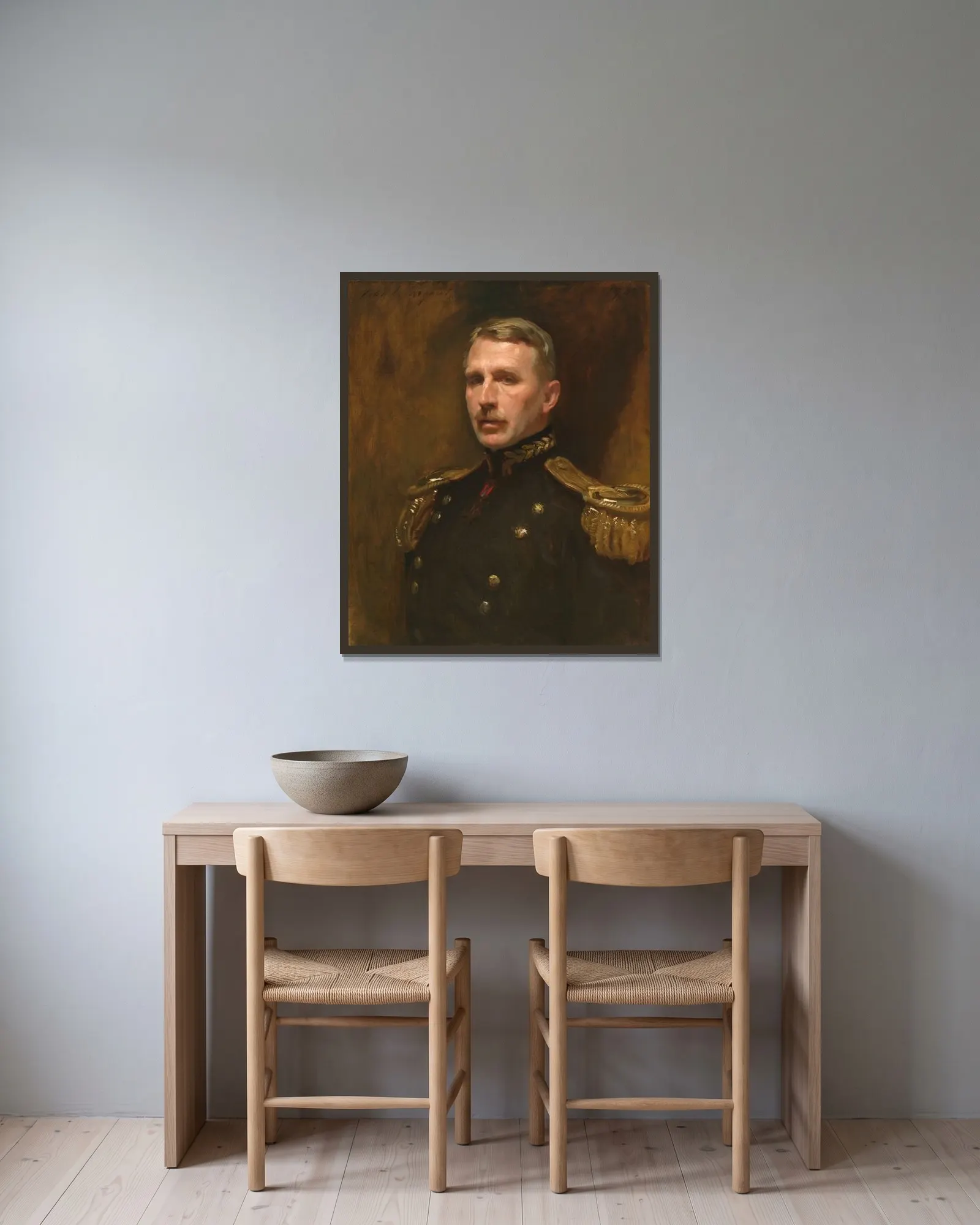 Leonard Wood av John Singer Sargent inramad på en vägg