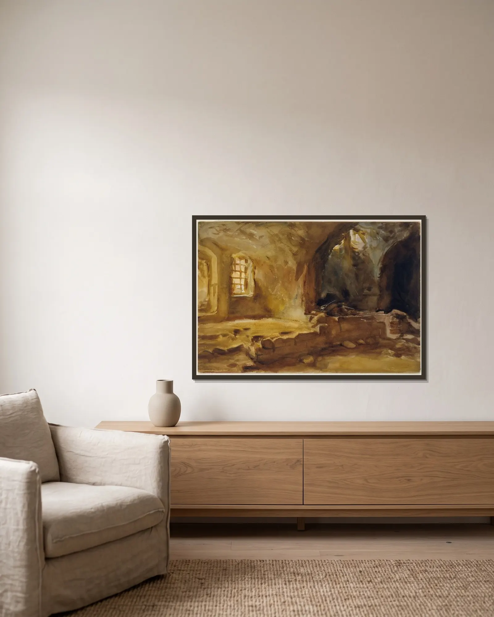 Ruined Cellar—Arras av John Singer Sargent inramad på en vägg