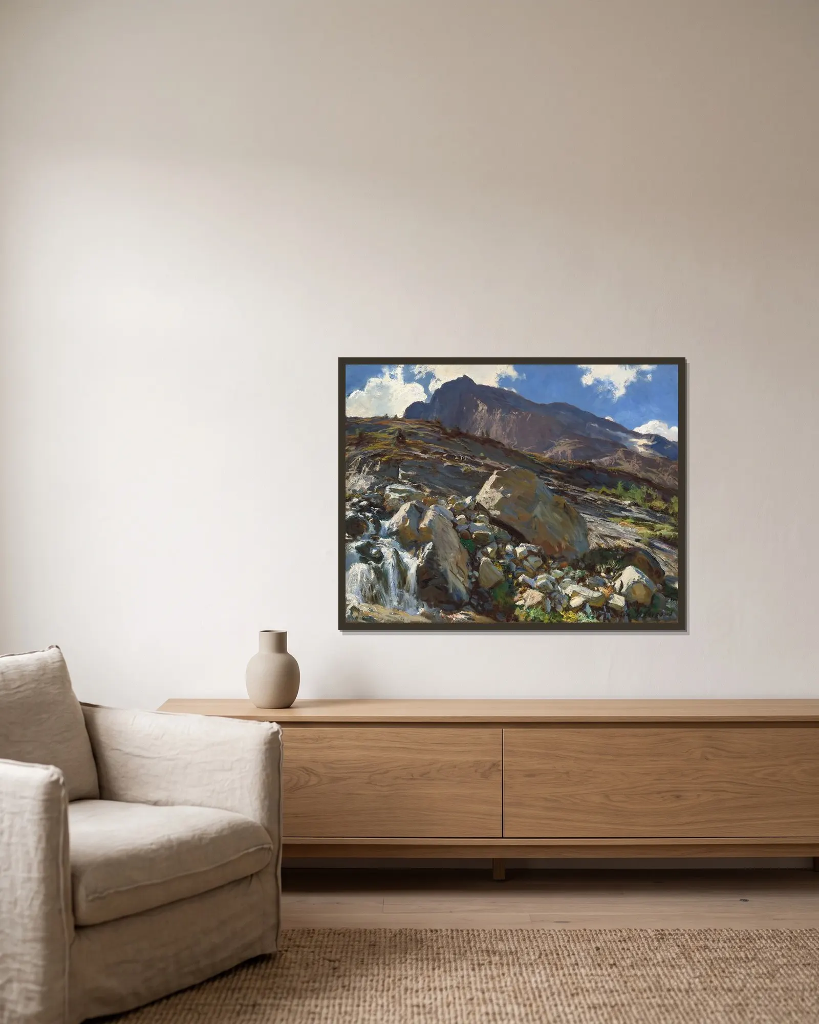 Simplon Pass av John Singer Sargent inramad på en vägg