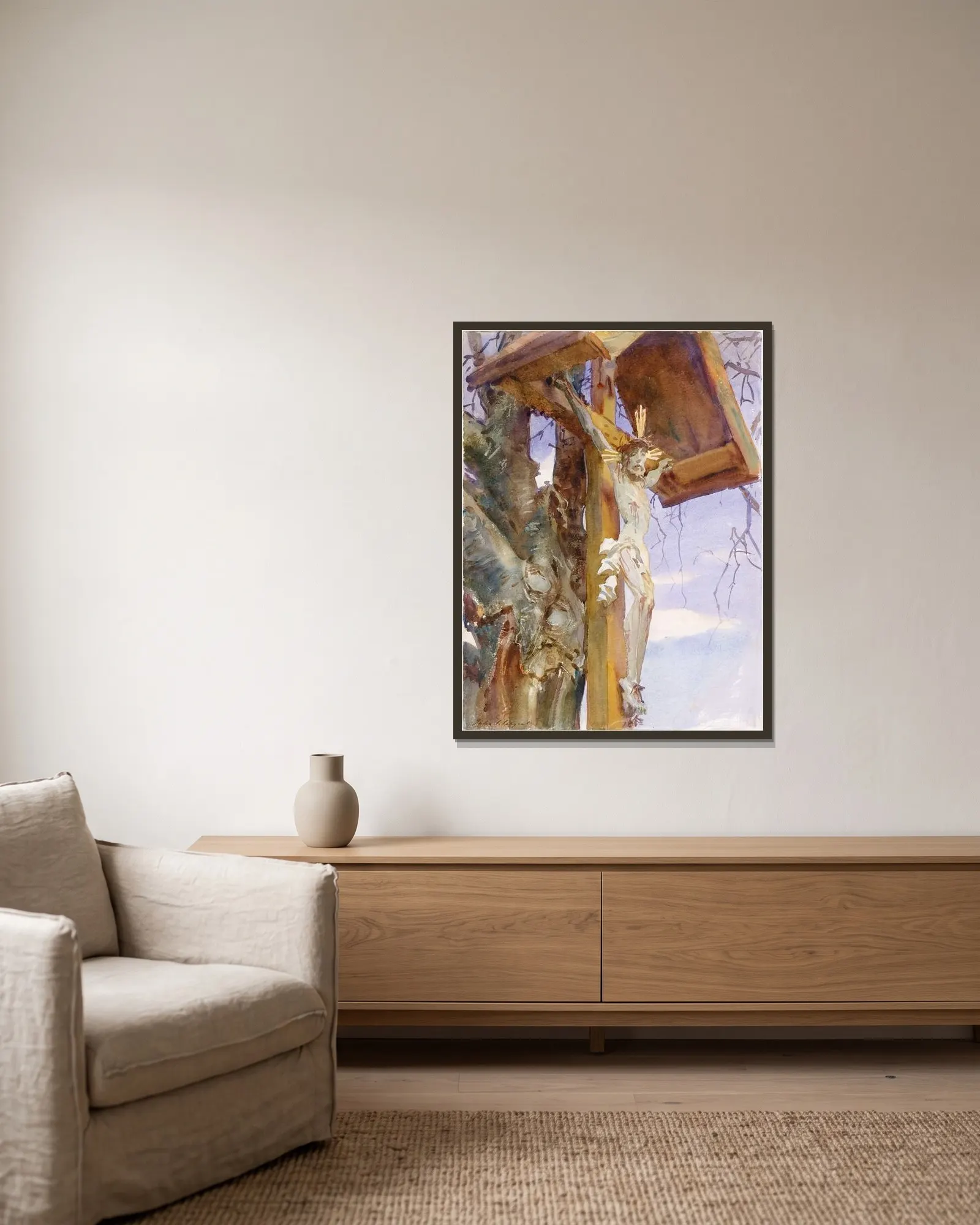 Tyrolese Crucifix av John Singer Sargent inramad på en vägg
