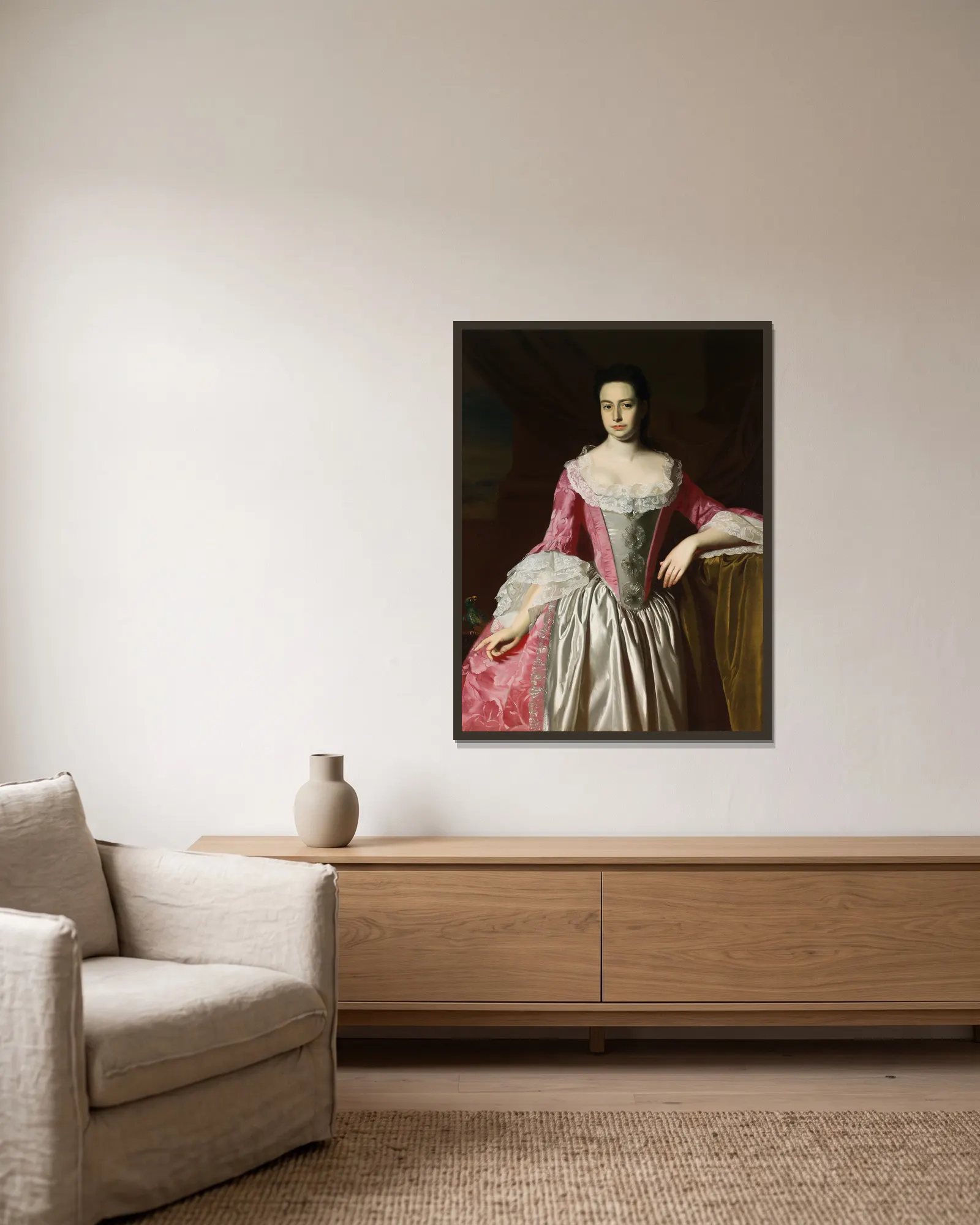 Eunice Dennie Burr av John Singleton Copley inramad på en vägg