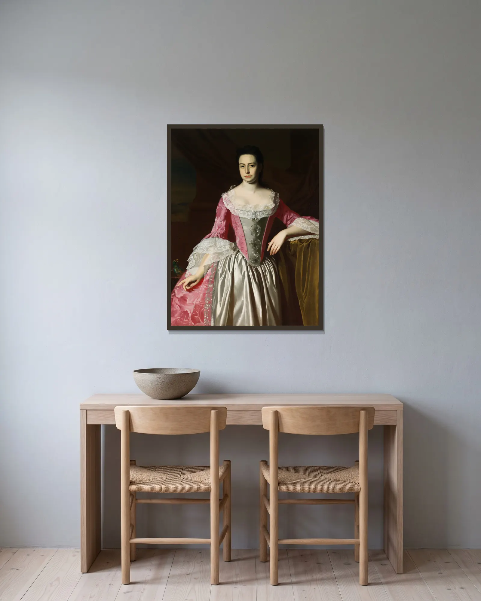 Eunice Dennie Burr av John Singleton Copley inramad på en vägg