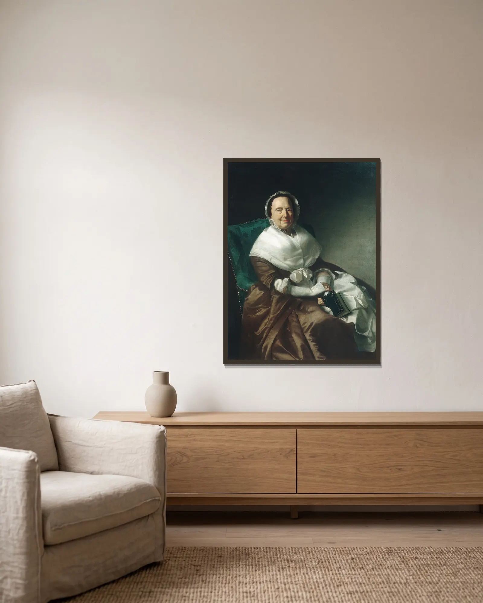 Mrs. Sylvanus Bourne av John Singleton Copley inramad på en vägg