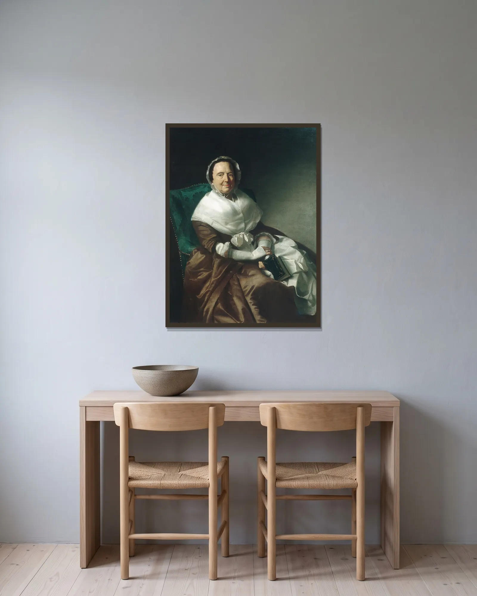 Mrs. Sylvanus Bourne av John Singleton Copley inramad på en vägg