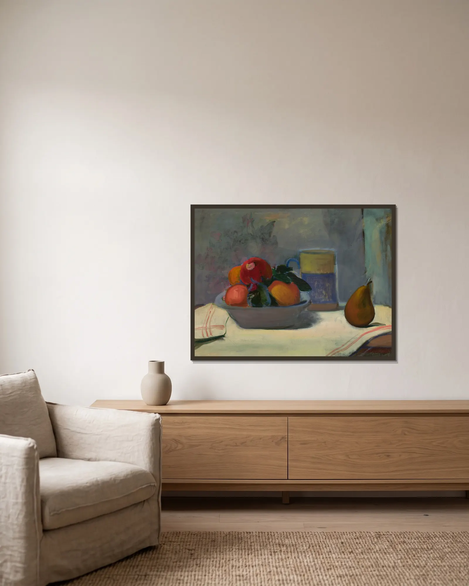Compote with four apples av Władysław Ślewiński inramad på en vägg