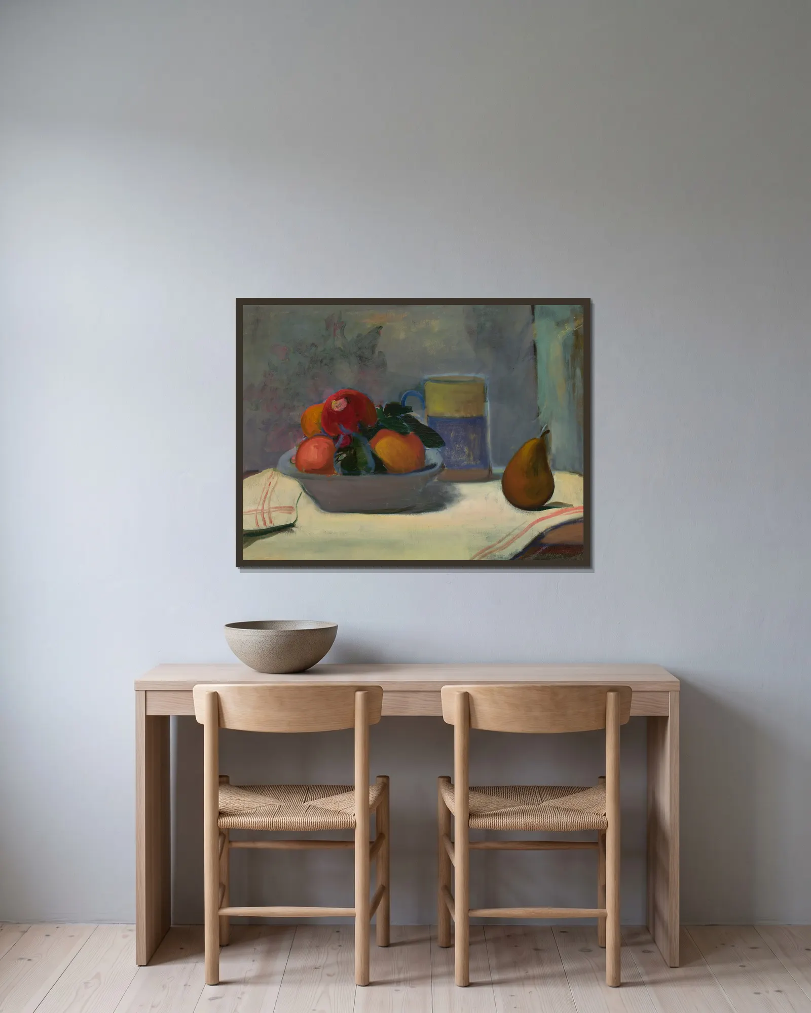 Compote with four apples av Władysław Ślewiński inramad på en vägg