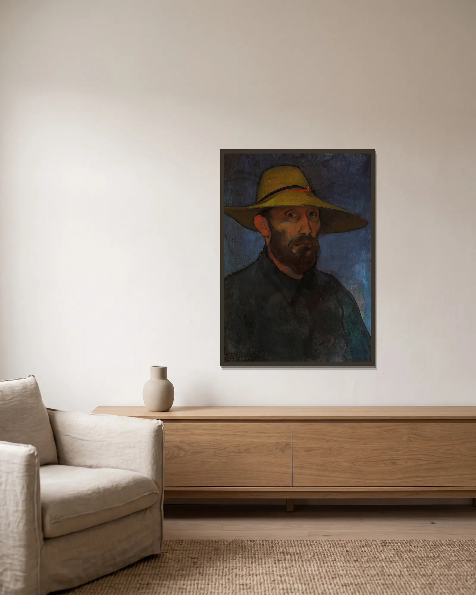 Self-portrait in a straw hat av Władysław Ślewiński inramad på en vägg