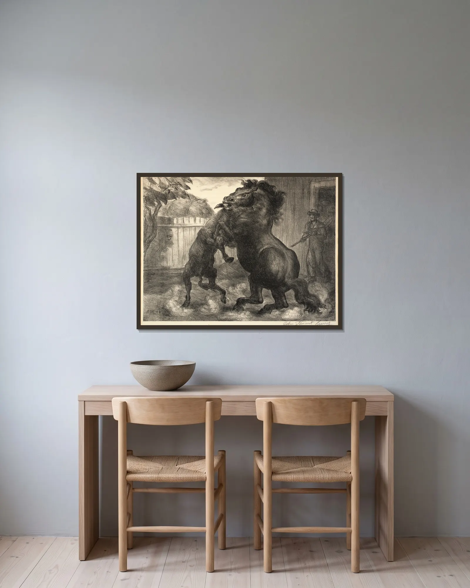 Stallion and Jack Fighting av John Steuart Curry inramad på en vägg