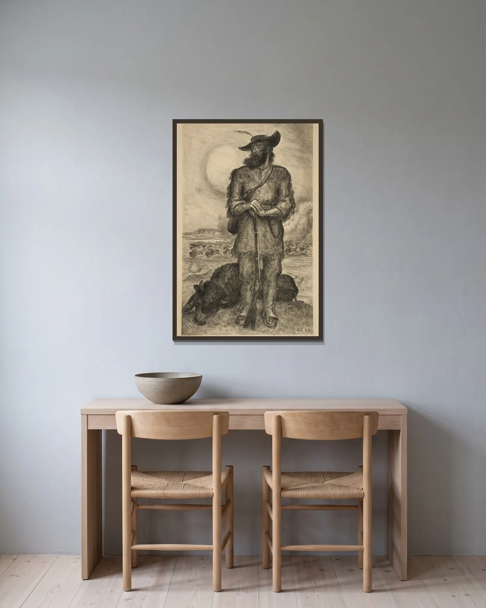 The Plainsman av John Steuart Curry inramad på en vägg