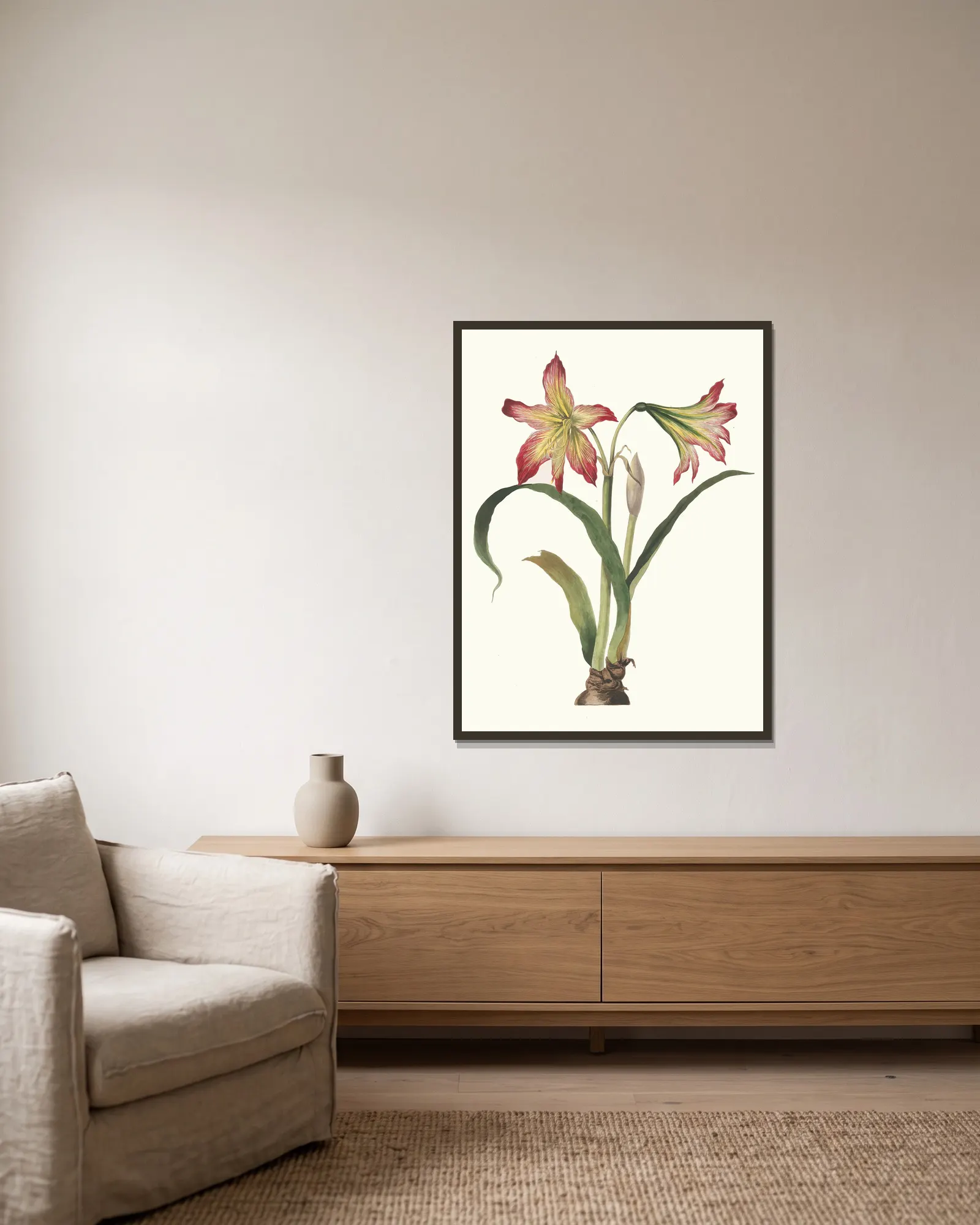Amaryllis Psittacina av Priscilla Susan Bury inramad på en vägg