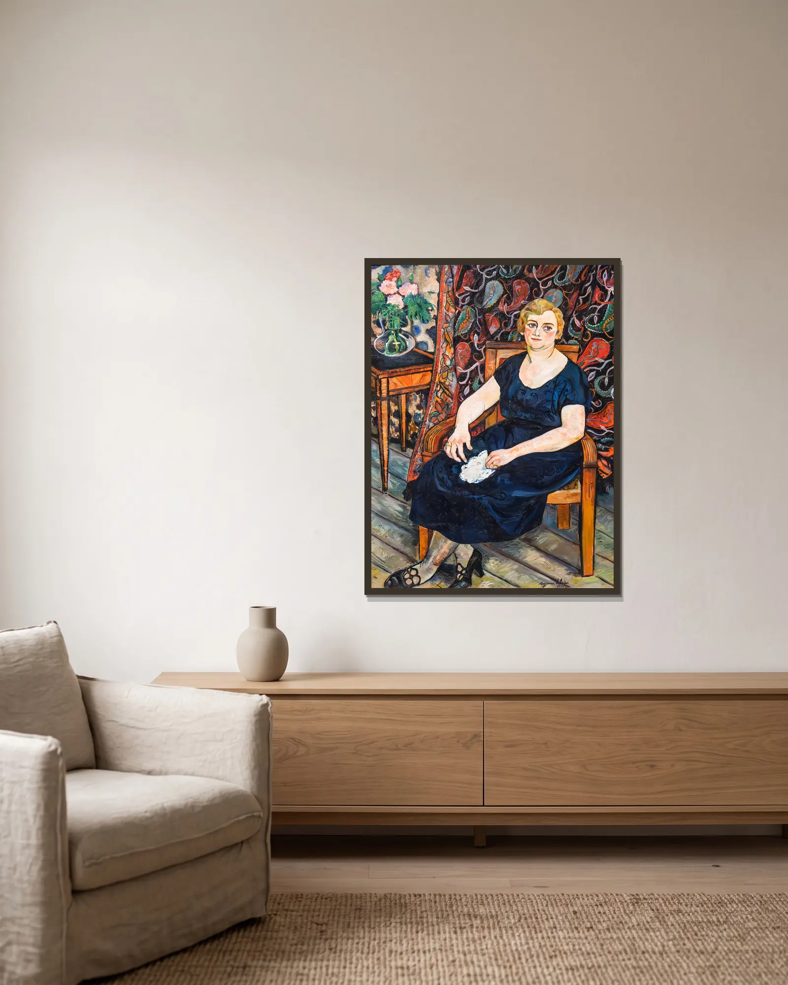 Portrait de Madame Lévy av Suzanne Valadon inramad på en vägg
