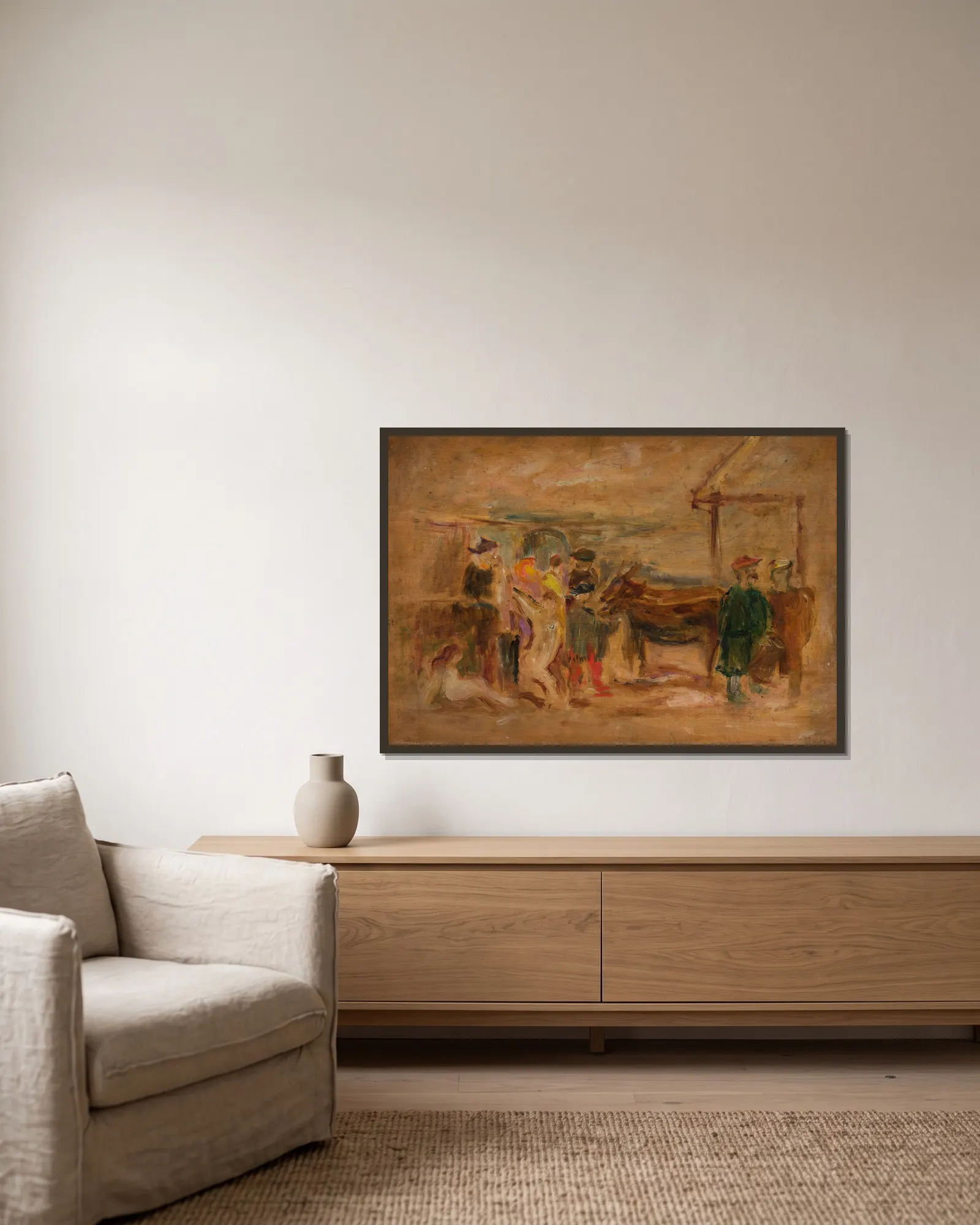Figural scene with donkeys av Tadeusz Makowski inramad på en vägg