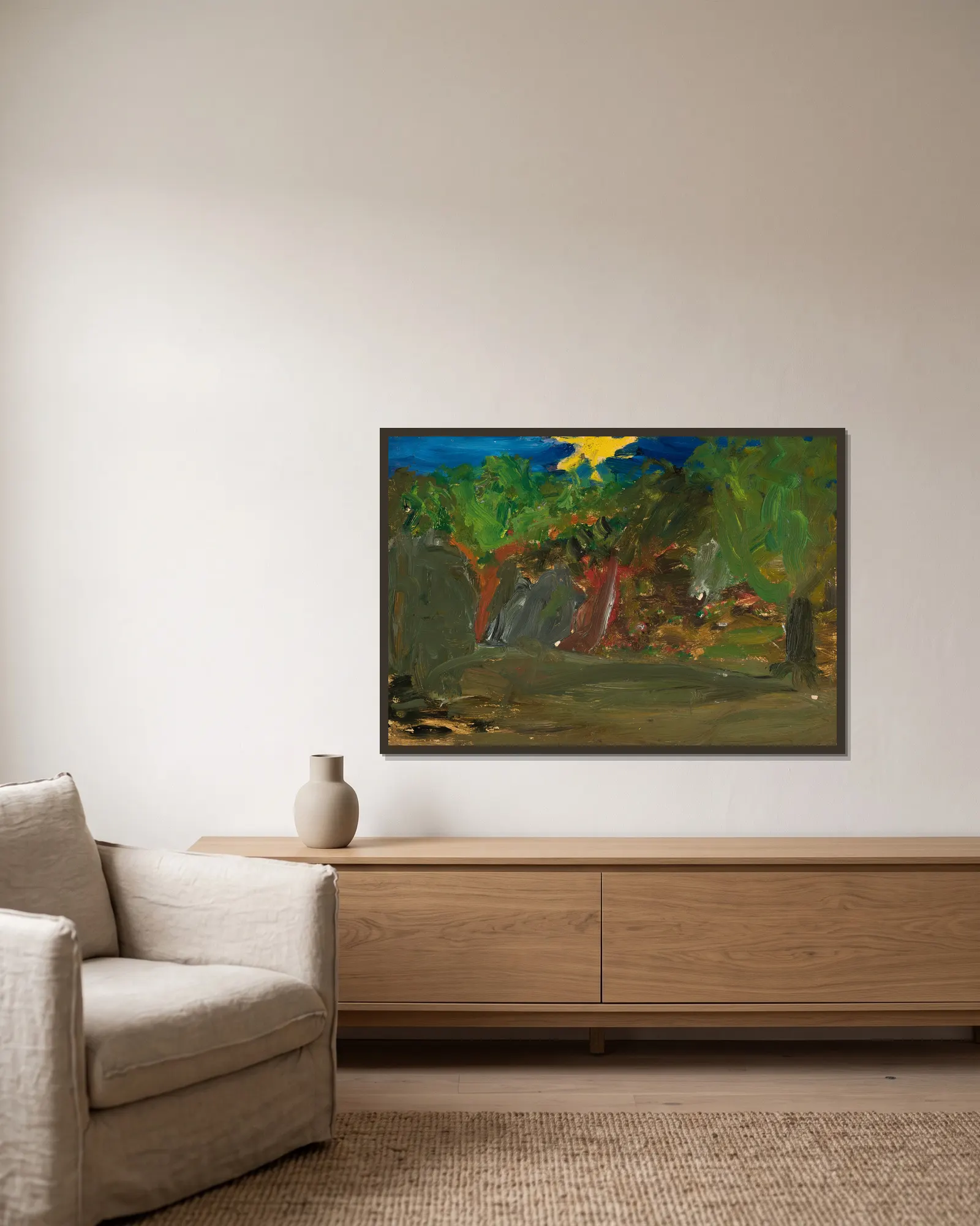 Sun over a garden av Tadeusz Makowski inramad på en vägg