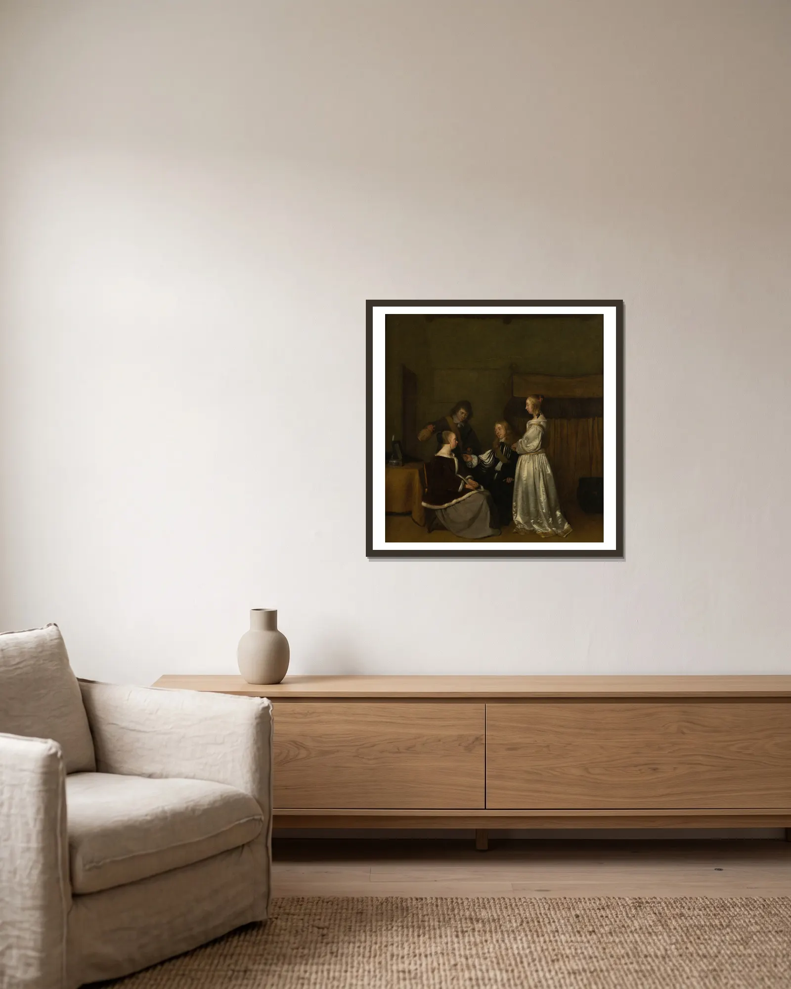 Conversation galante av Gerard ter Borch inramad på en vägg