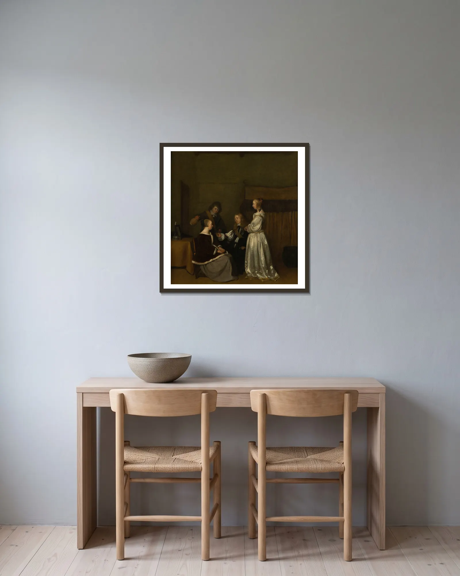 Conversation galante av Gerard ter Borch inramad på en vägg