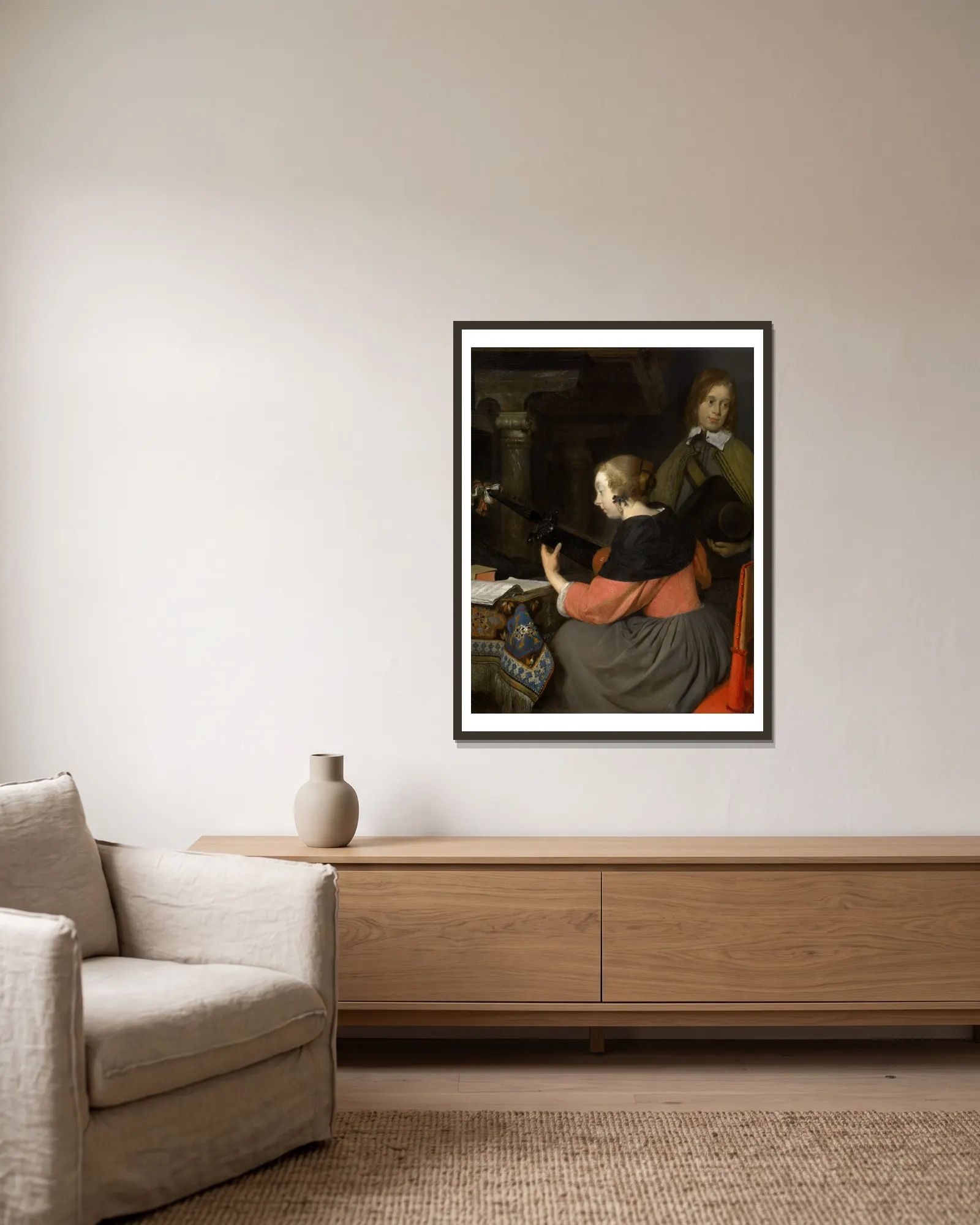 The Lute Player av Gerard ter Borch inramad på en vägg