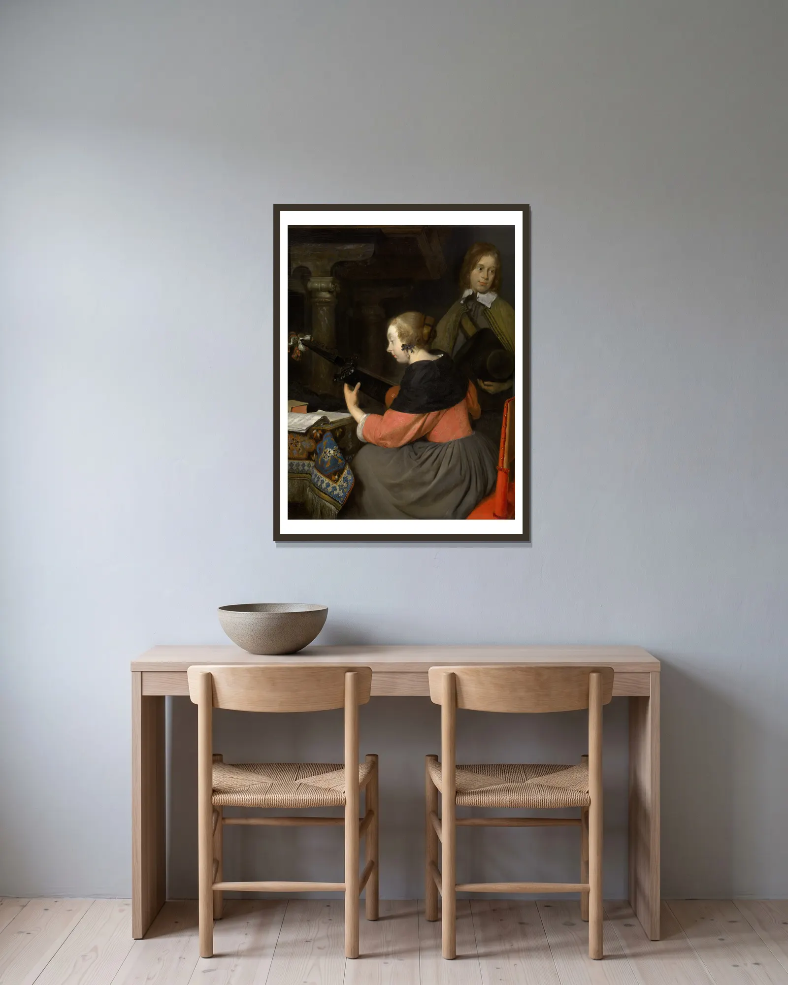 The Lute Player av Gerard ter Borch inramad på en vägg