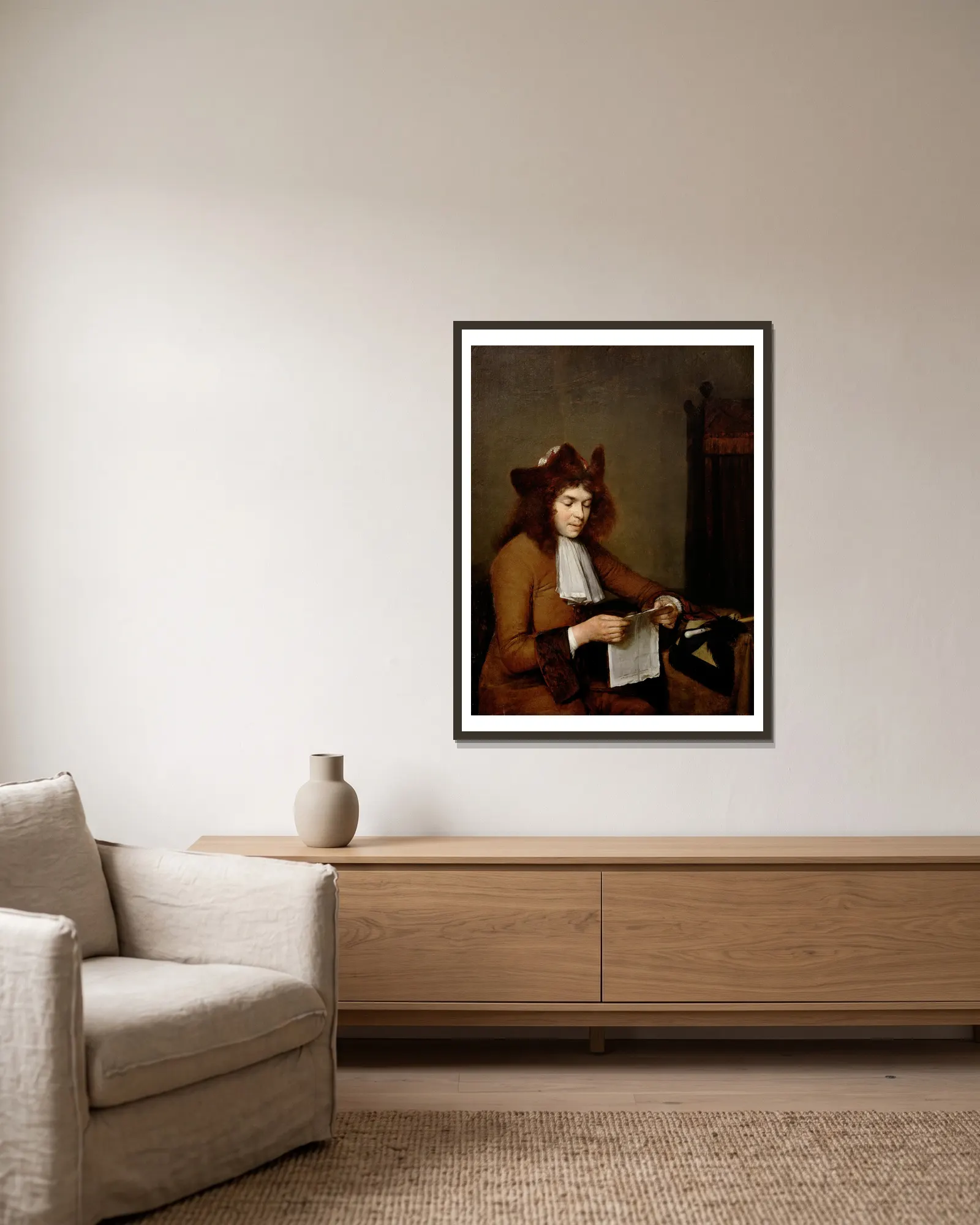 Young Man Reading av Gerard ter Borch inramad på en vägg
