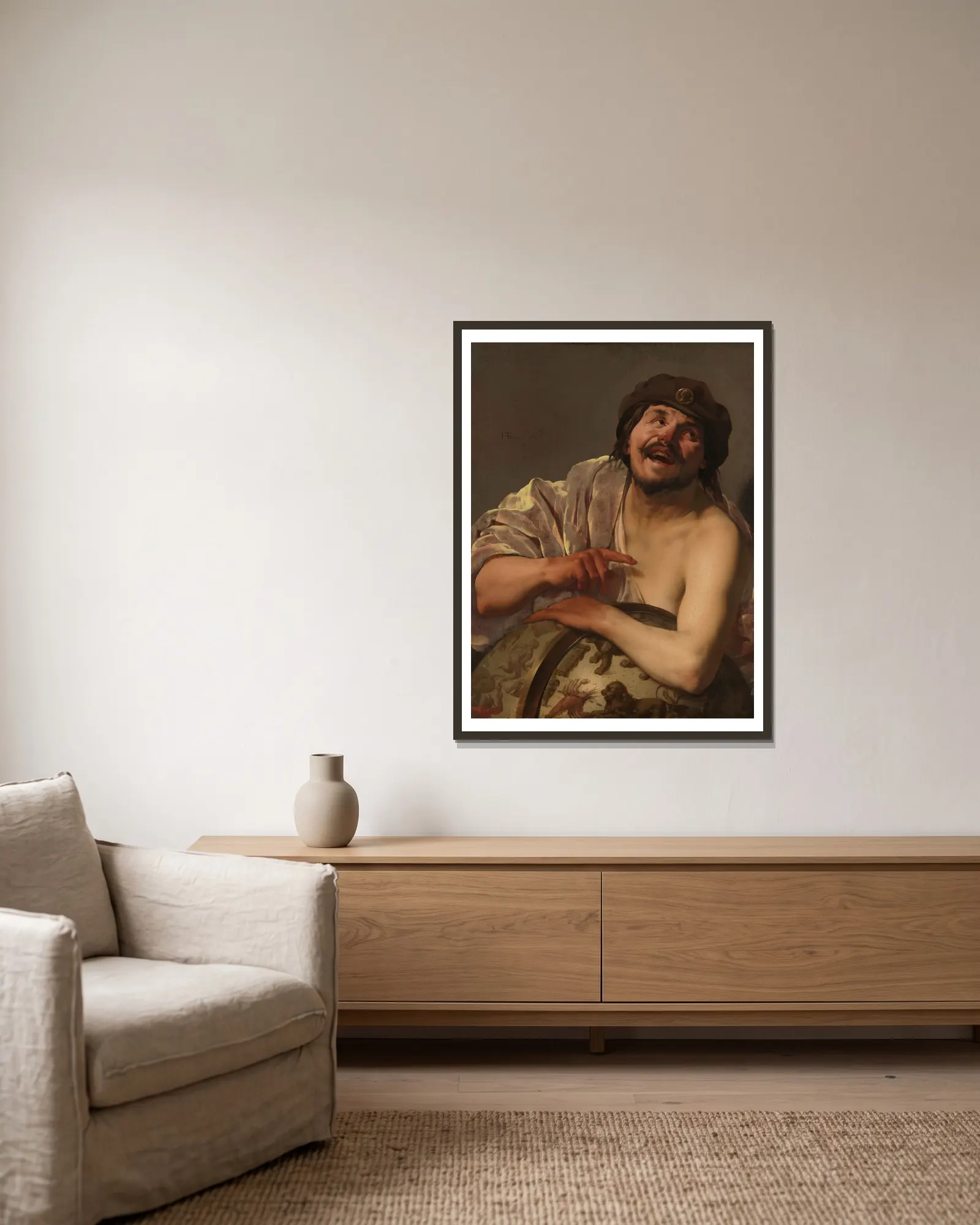 Democritus av Hendrick Ter Brugghen inramad på en vägg