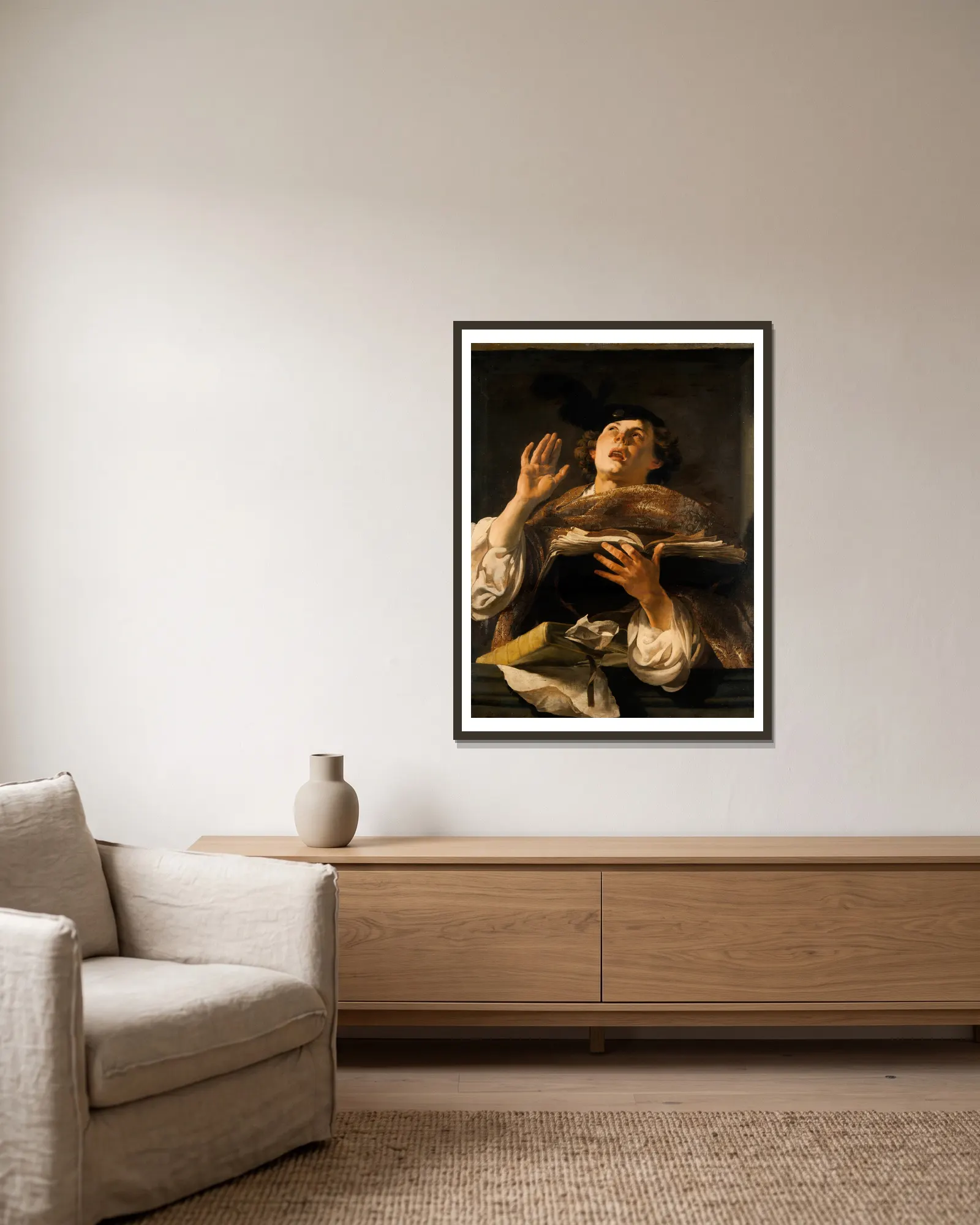The Singer av Hendrick Ter Brugghen inramad på en vägg