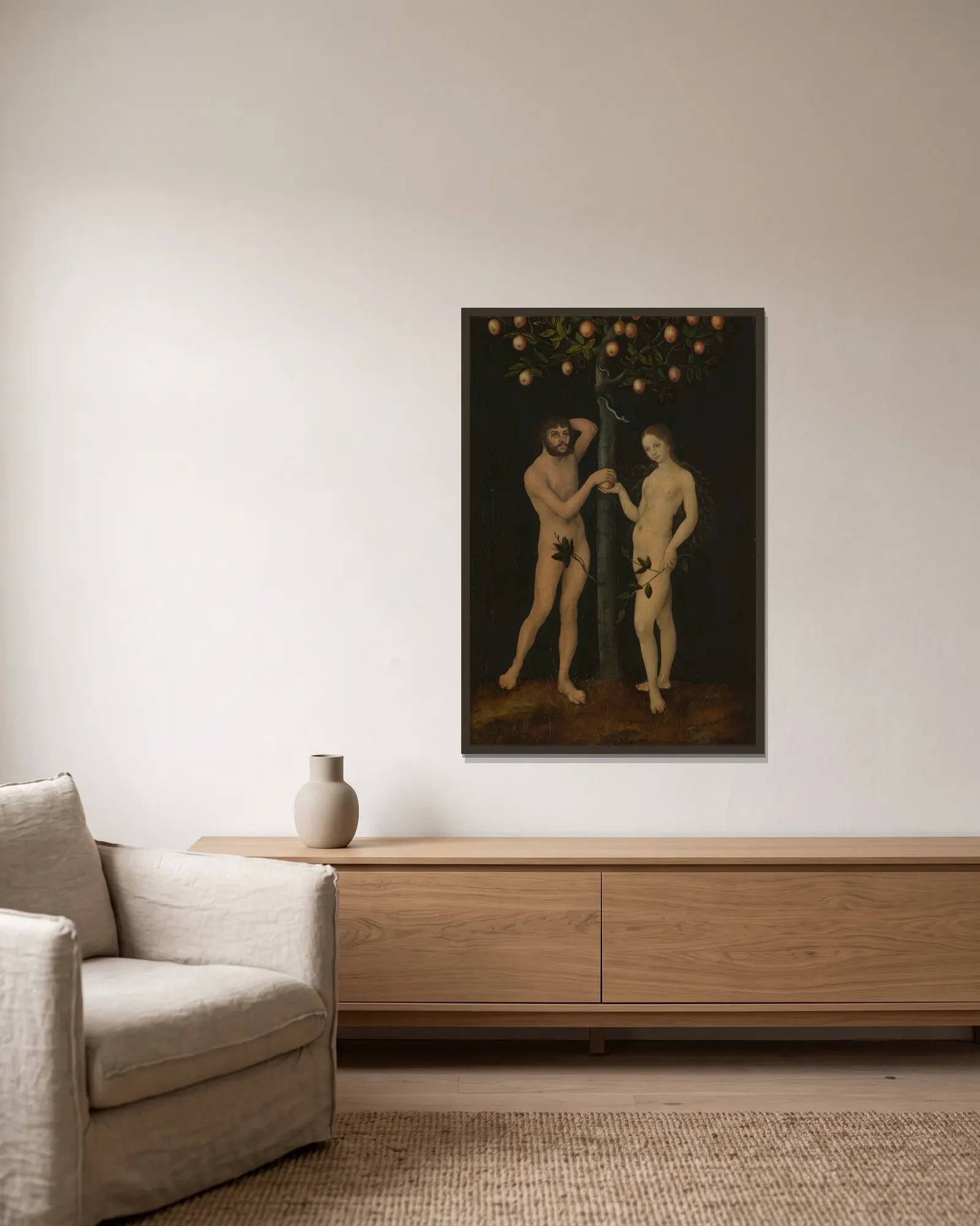 Adam and Eve av Lucas Cranach the Elder inramad på en vägg