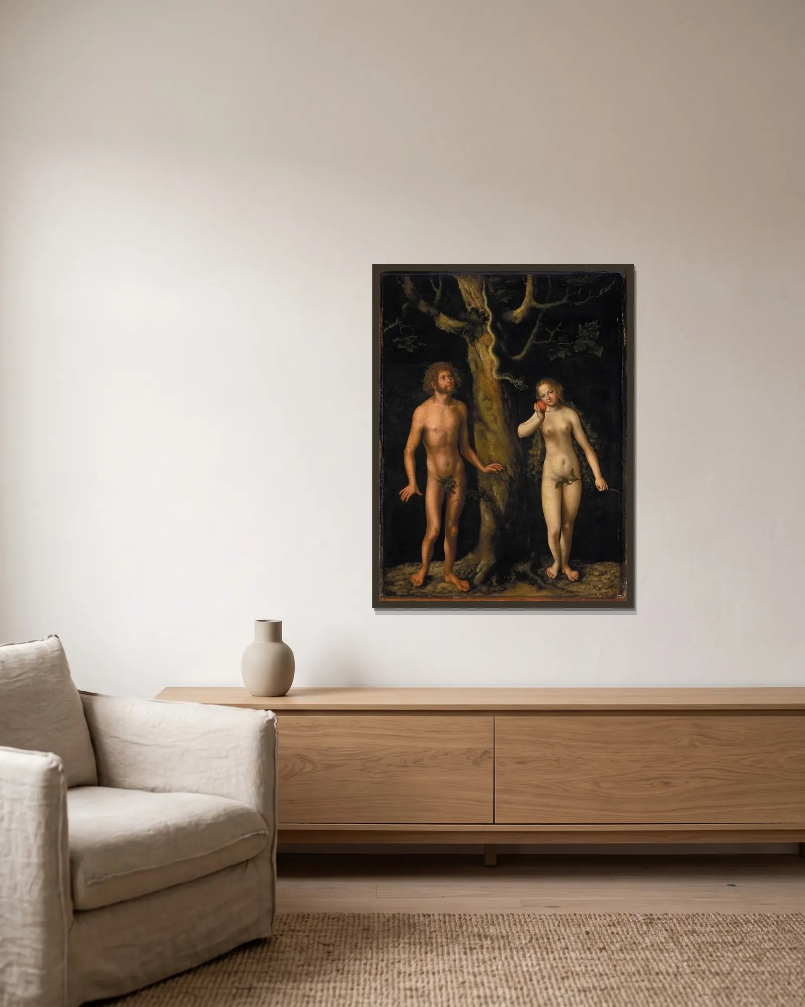 Adam and Eve, 1510 av Lucas Cranach the Elder inramad på en vägg
