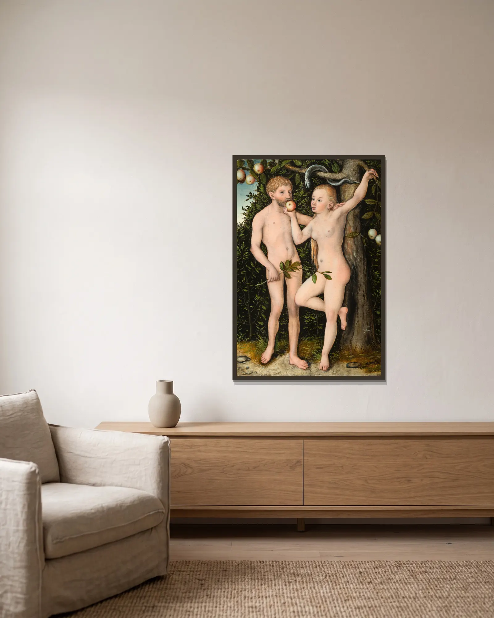 Adam and Eve av Lucas Cranach the Elder inramad på en vägg