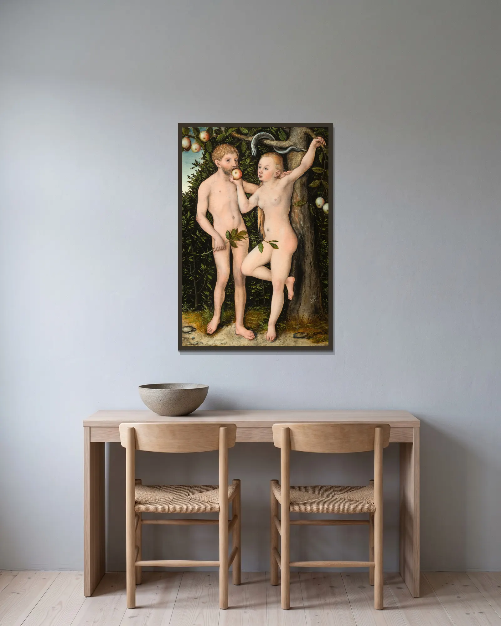 Adam and Eve av Lucas Cranach the Elder inramad på en vägg