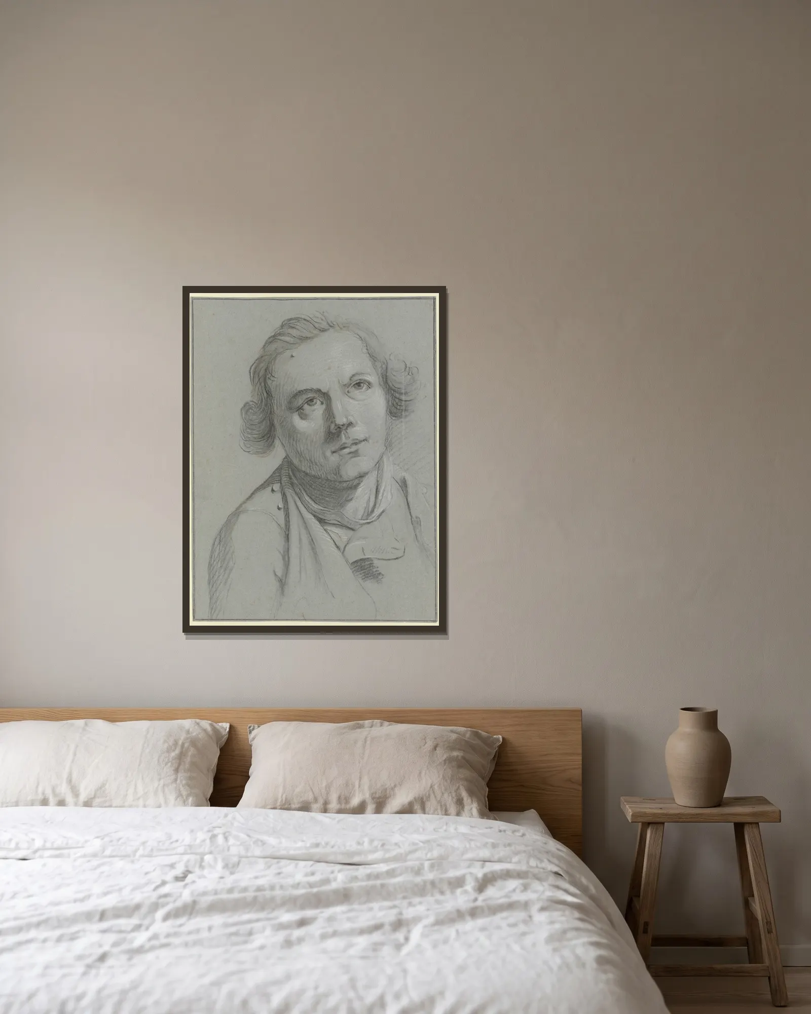 Brustbild eines bartlosen Mannes av Christian Georg Schütz the elder inramad på en vägg