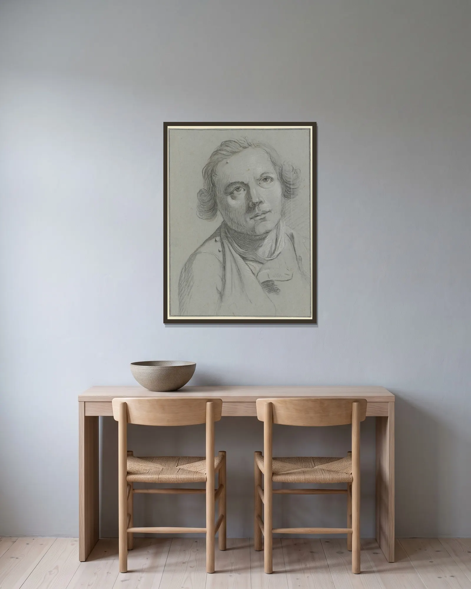 Brustbild eines bartlosen Mannes av Christian Georg Schütz the elder inramad på en vägg