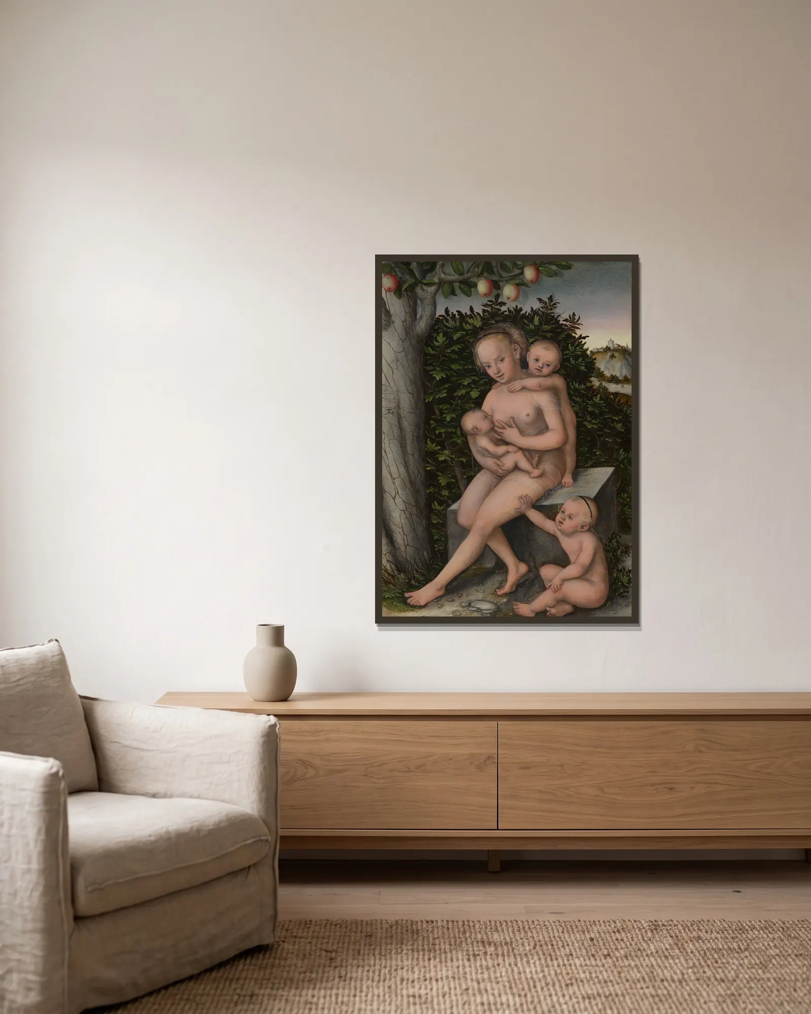 Charity av Lucas Cranach the Elder inramad på en vägg
