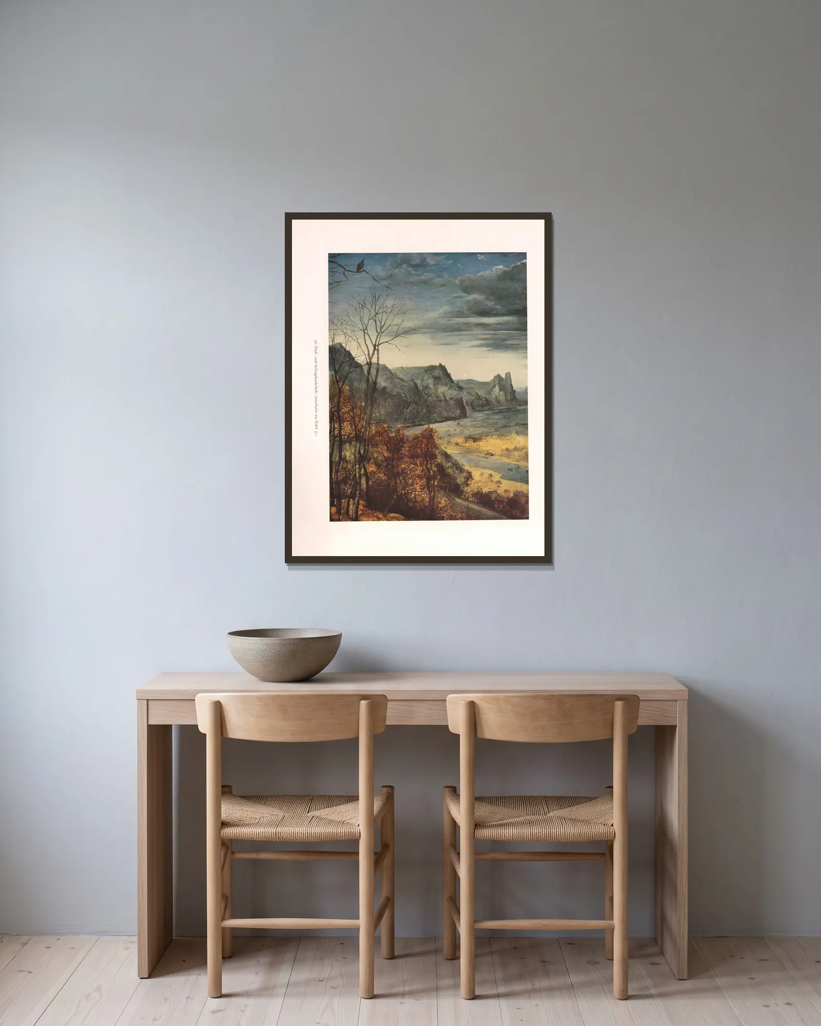 Fluß- und Gebirgslandschaft av Pieter Bruegel The Elder inramad på en vägg