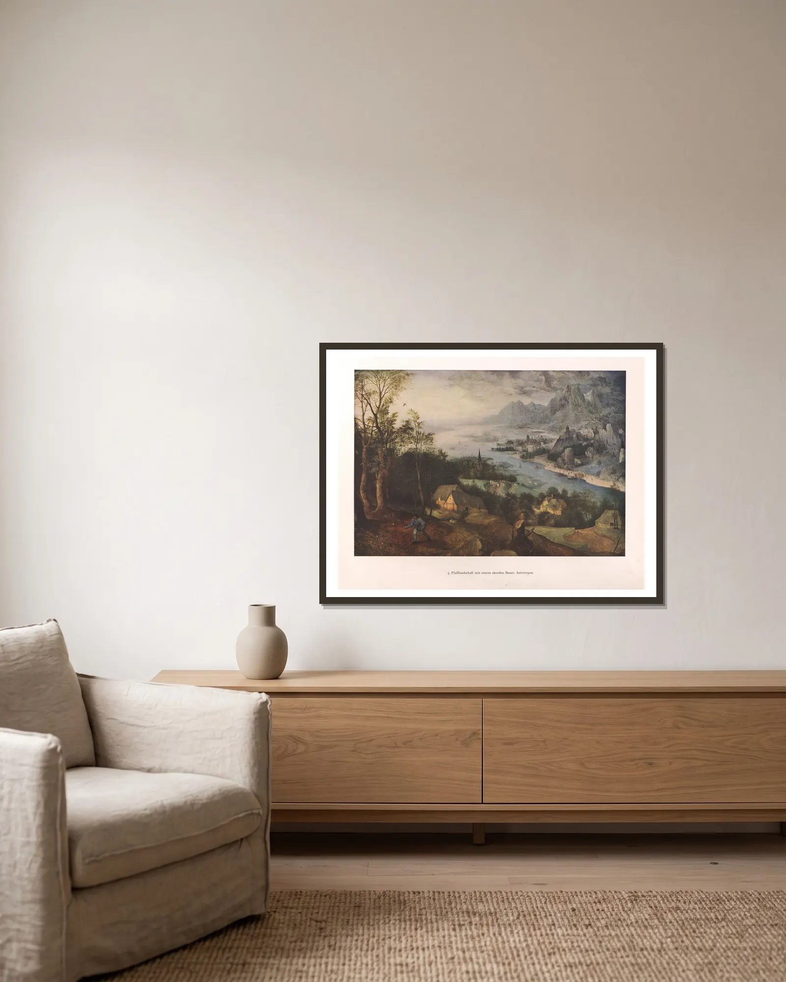 Flußlandschaft mit einem säenden Bauer (16th century) av Pieter Bruegel The Elder inramad på en vägg