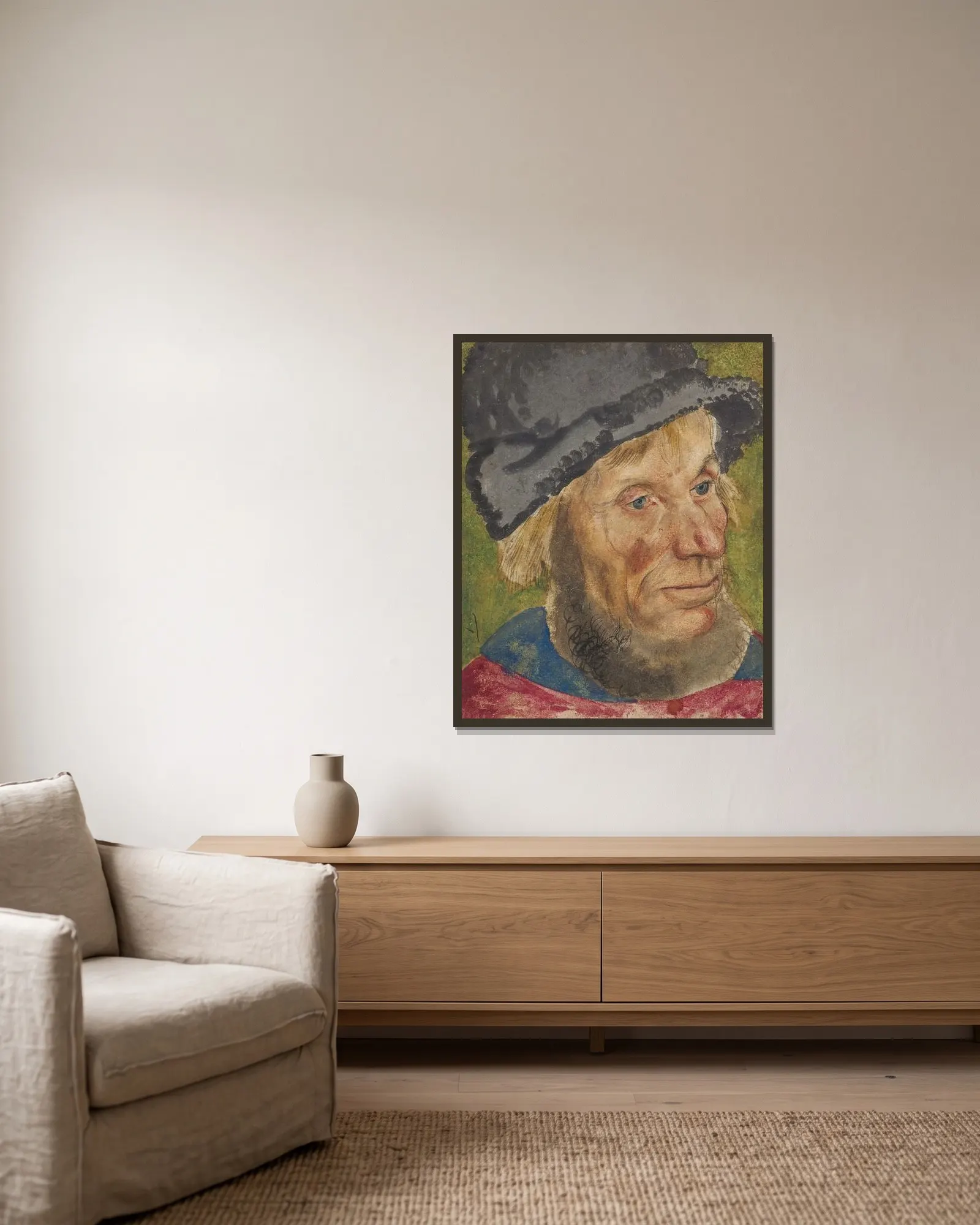 Head of a Peasant av Lucas Cranach the Elder inramad på en vägg