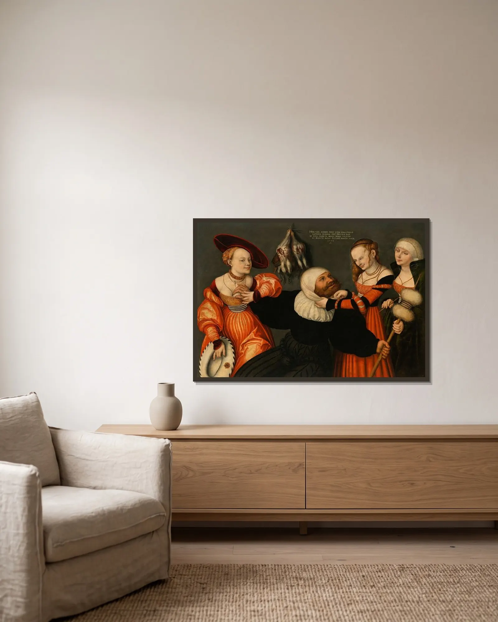 Hercules and Omphale av Lucas Cranach the Elder inramad på en vägg
