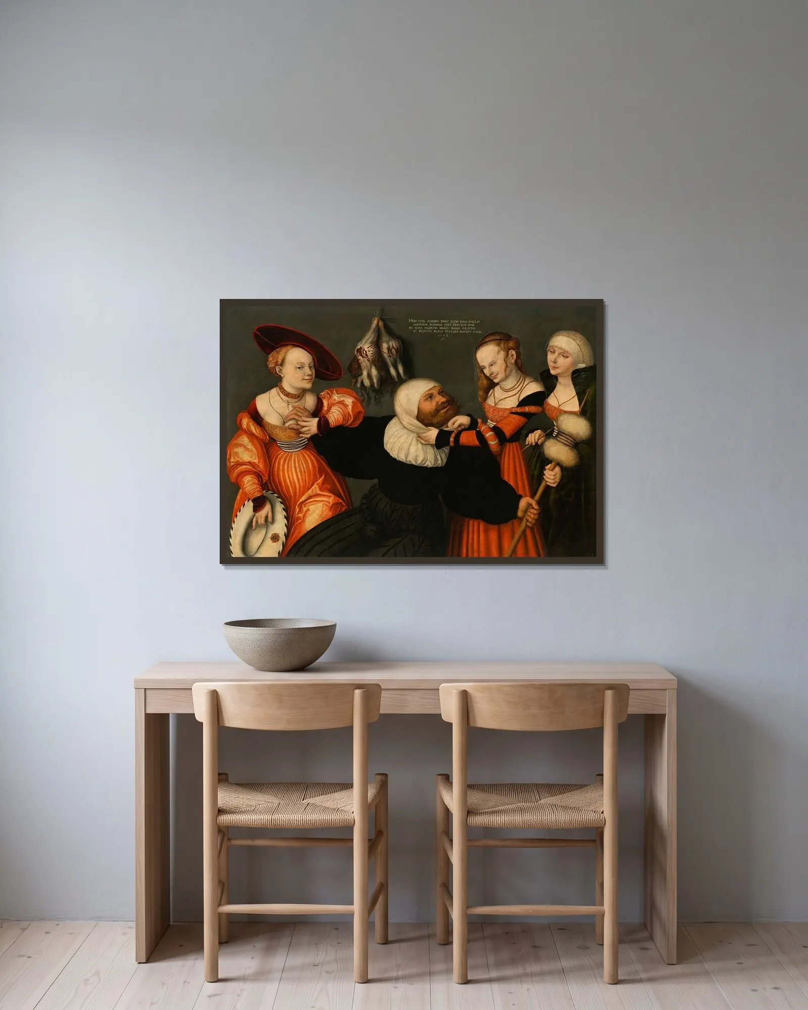 Hercules and Omphale av Lucas Cranach the Elder inramad på en vägg