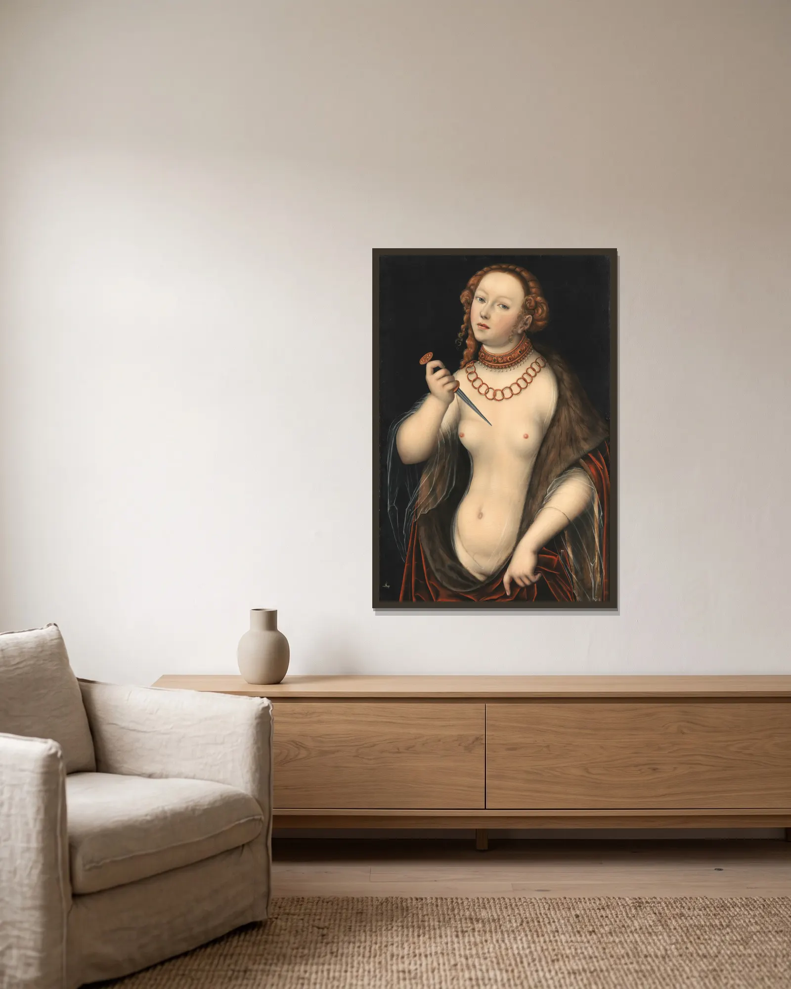 Lucretia av Lucas Cranach the Elder inramad på en vägg