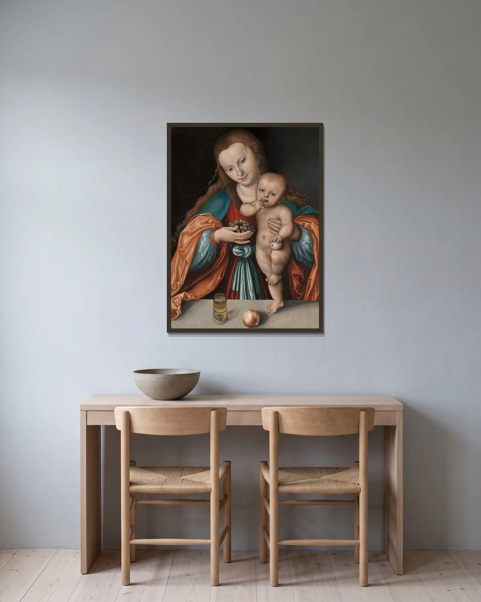 Madonna and Child (probably c. 1535 or after), 1535 av Lucas Cranach the Elder inramad på en vägg