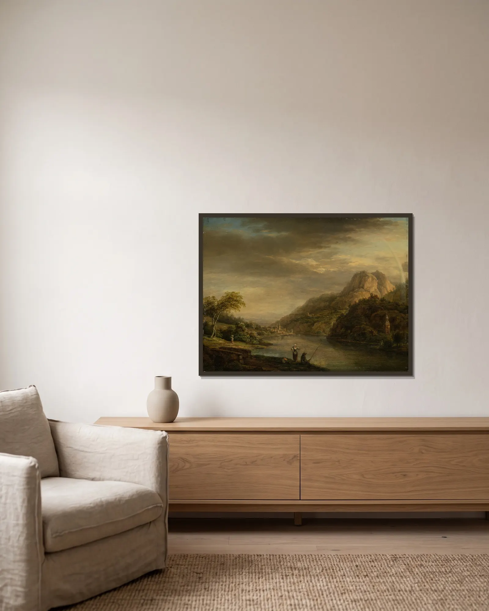 Mountainous River Landscape with Rainbow av Christian Georg Schütz the elder inramad på en vägg