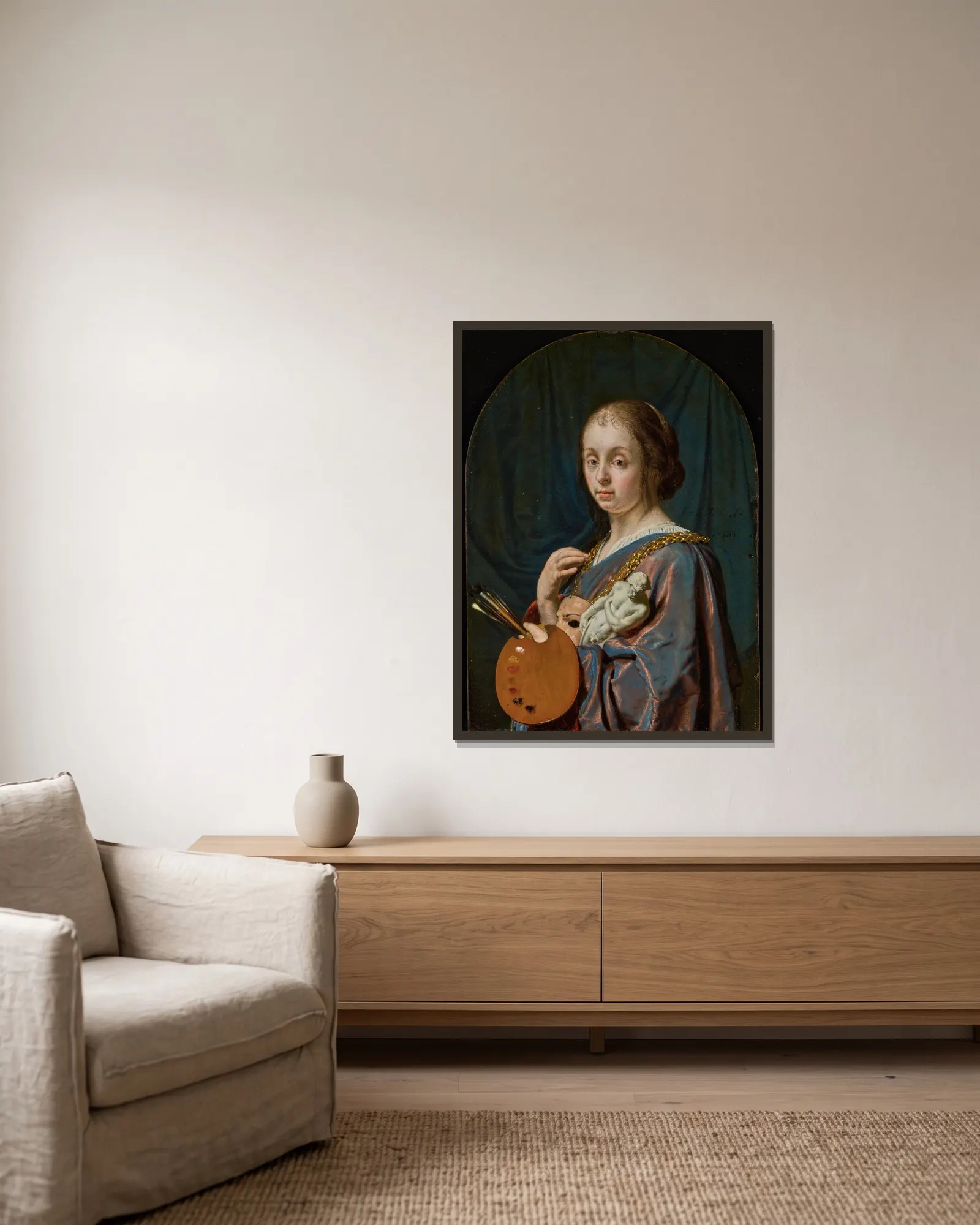Pictura (An Allegory of Painting) av Frans van Mieris the Elder inramad på en vägg