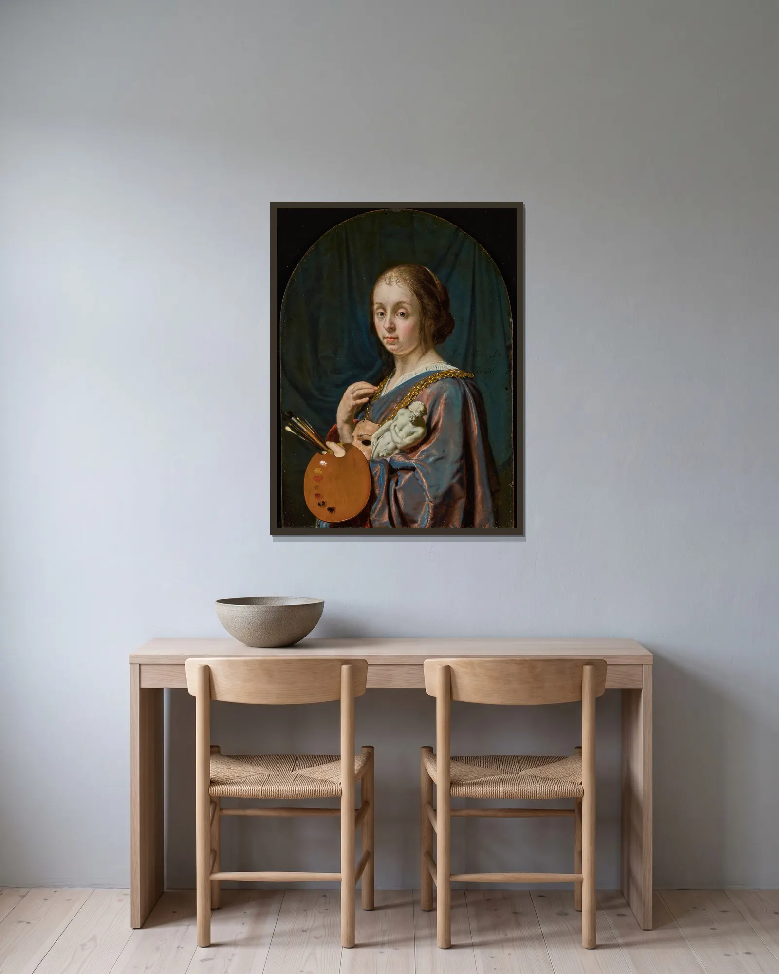 Pictura (An Allegory of Painting) av Frans van Mieris the Elder inramad på en vägg