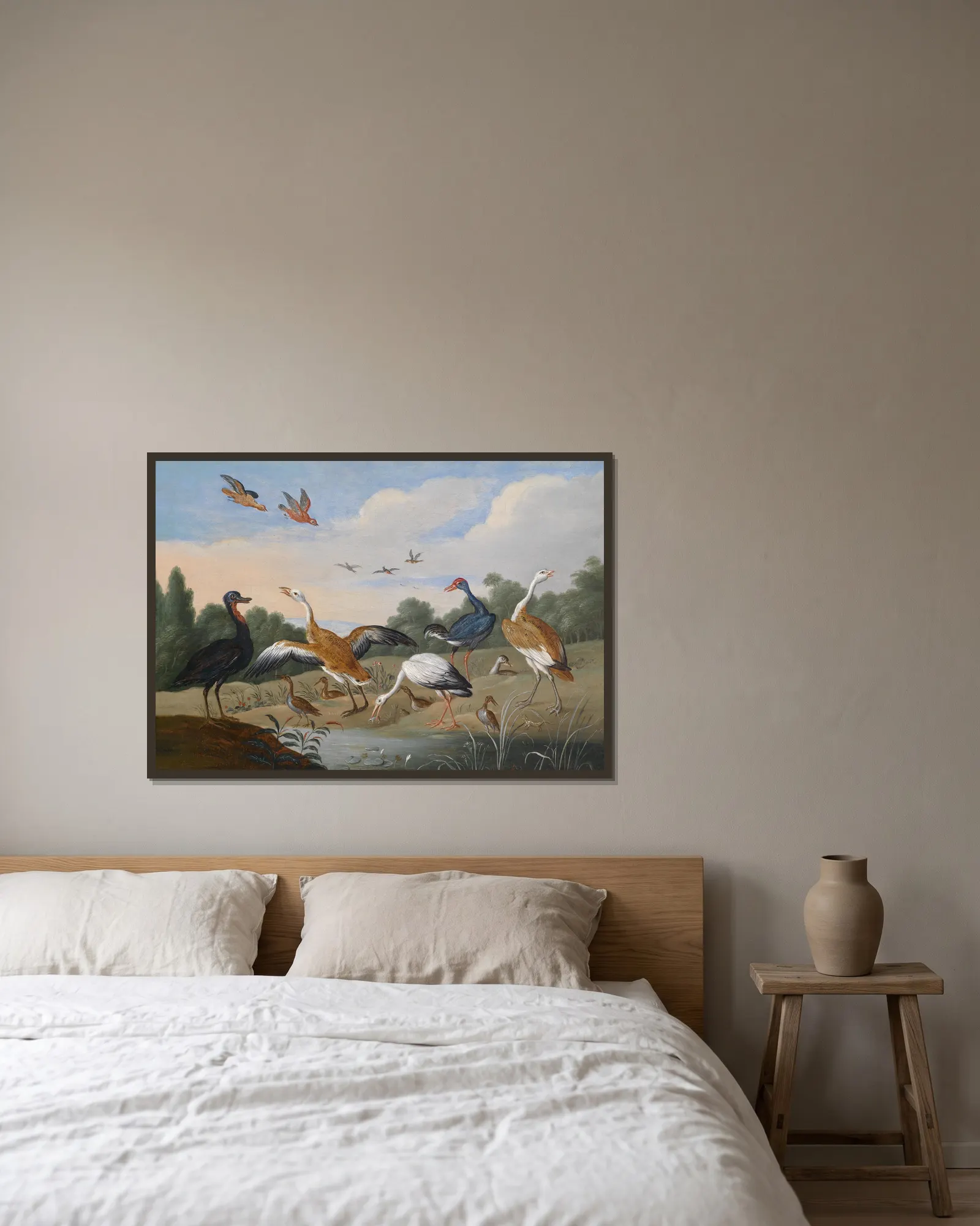 Reiher und Enten av Jan Van Kessel The Elder inramad på en vägg