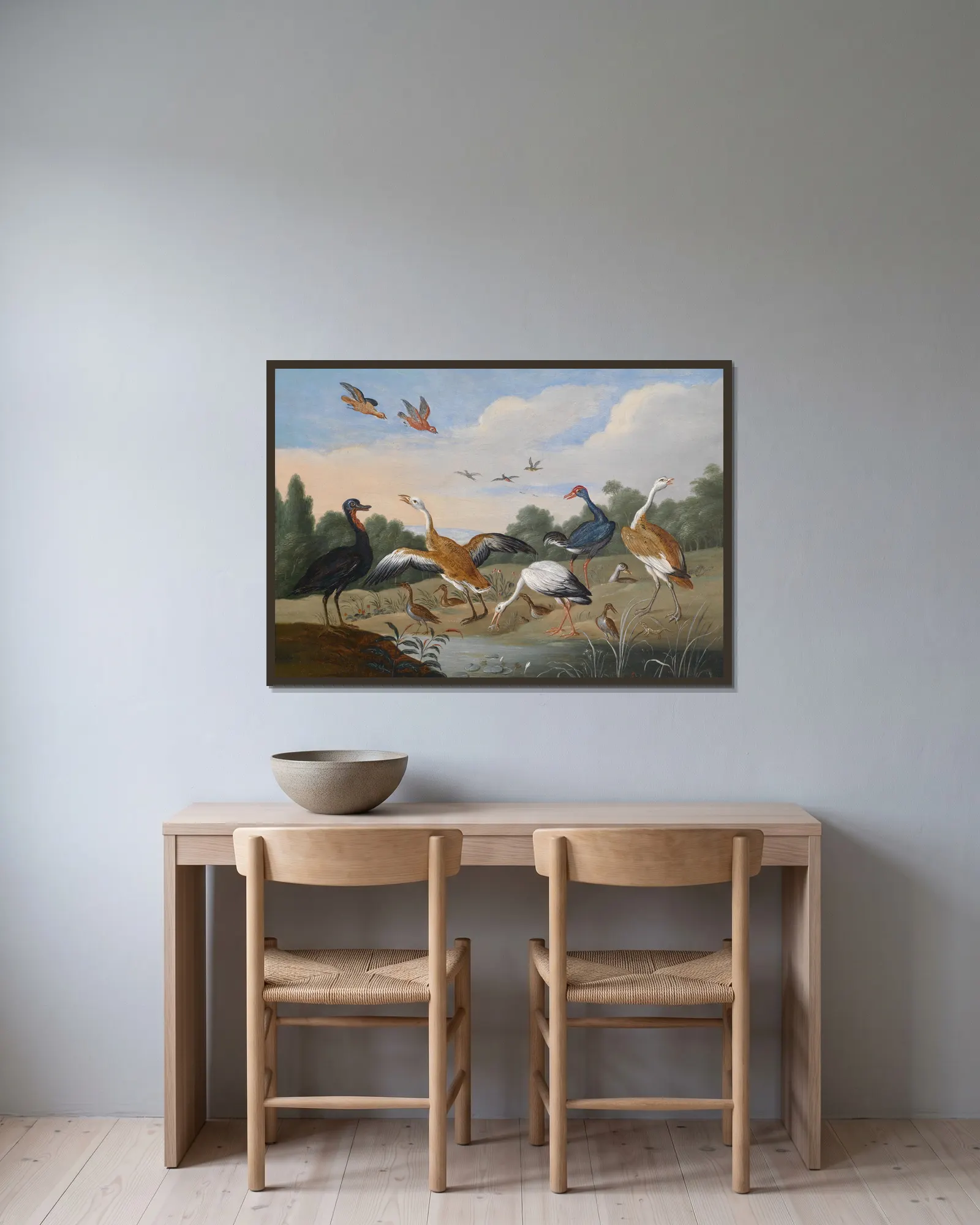 Reiher und Enten av Jan Van Kessel The Elder inramad på en vägg