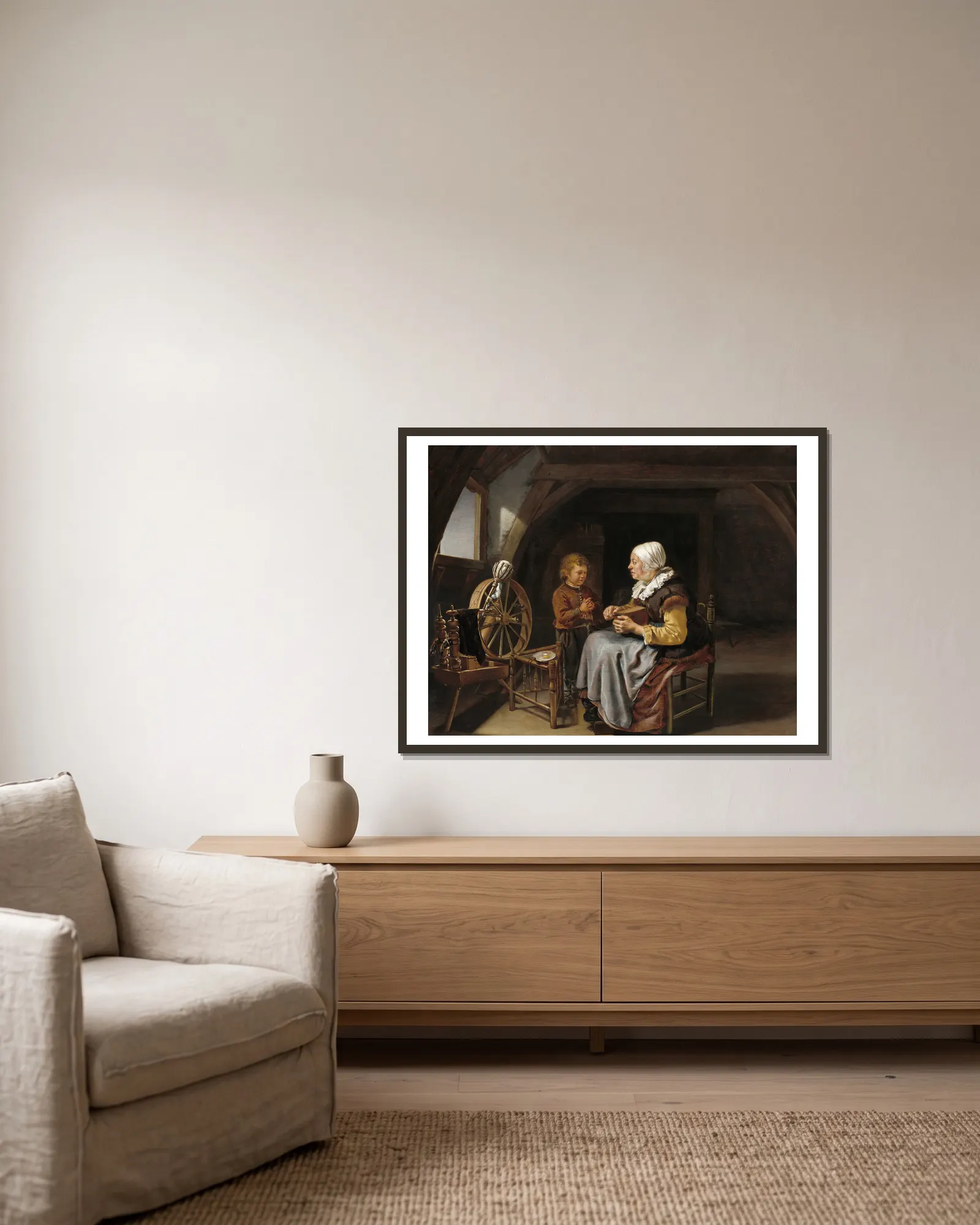 Saying Grace av Frans van Mieris the Elder inramad på en vägg