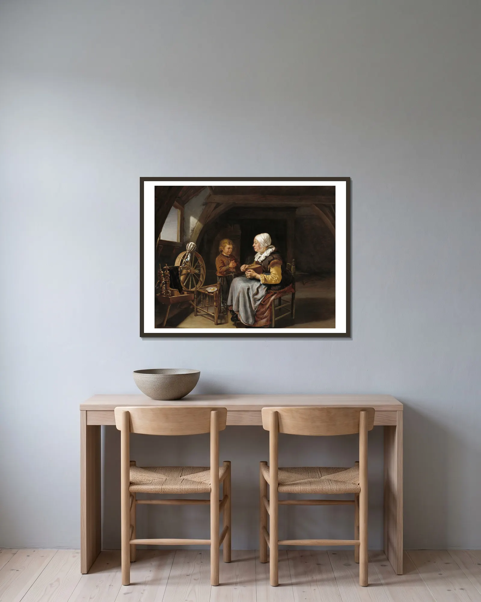 Saying Grace av Frans van Mieris the Elder inramad på en vägg