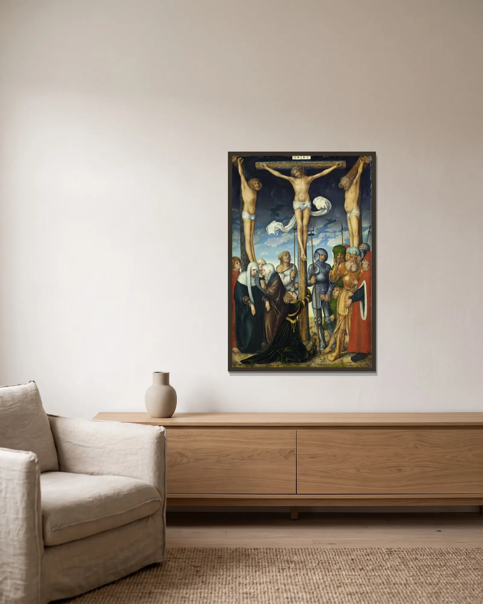 The Crucifixion, 1508 av Lucas Cranach the Elder inramad på en vägg