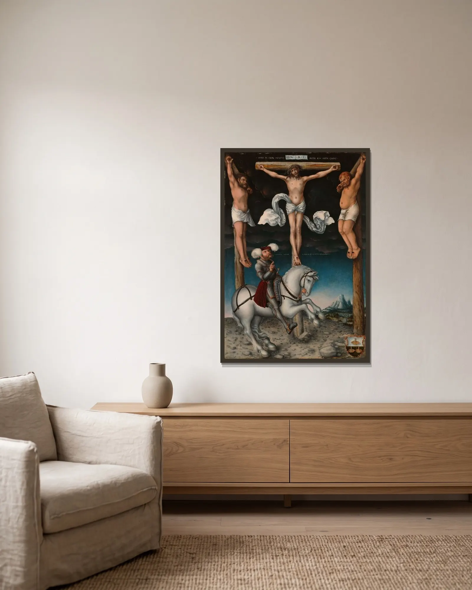 The Crucifixion with the Converted Centurion av Lucas Cranach the Elder inramad på en vägg