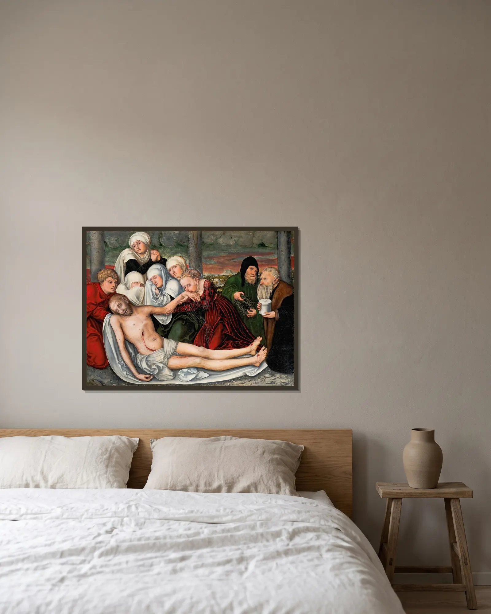 The Lamentation av Lucas Cranach the Elder inramad på en vägg